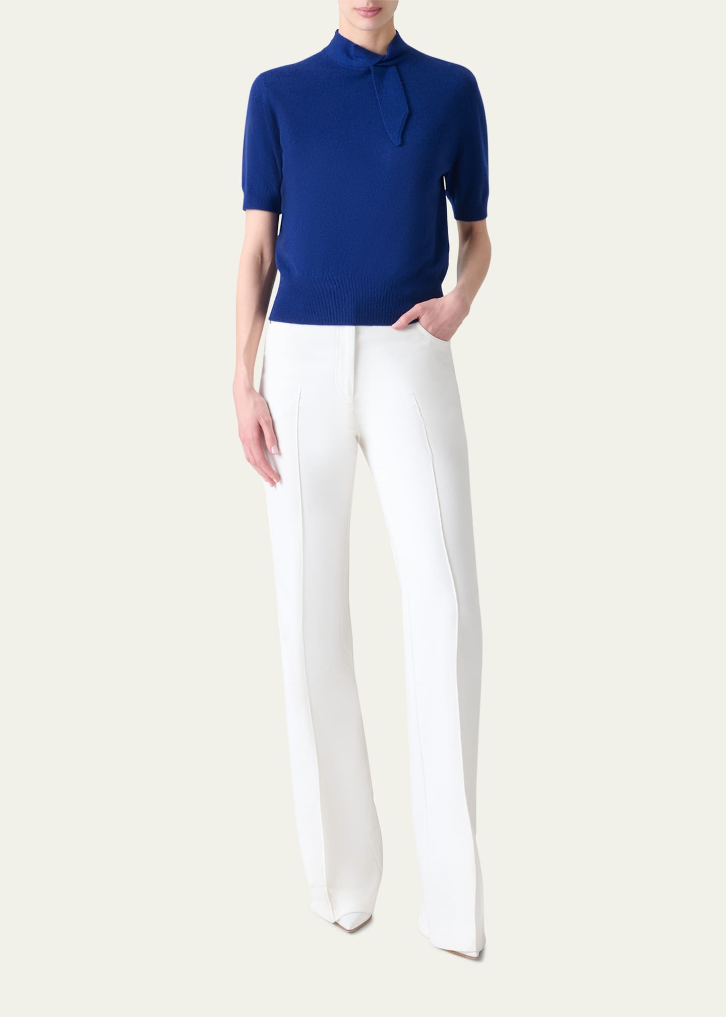 Akris Neck-Tie Cashmere Short-Sleeve Sweater Image 2 of 5