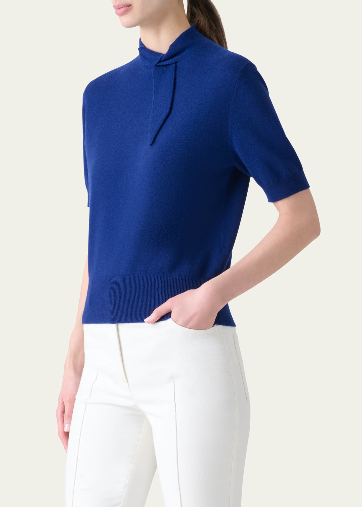 Akris Neck-Tie Cashmere Short-Sleeve Sweater Image 4 of 5