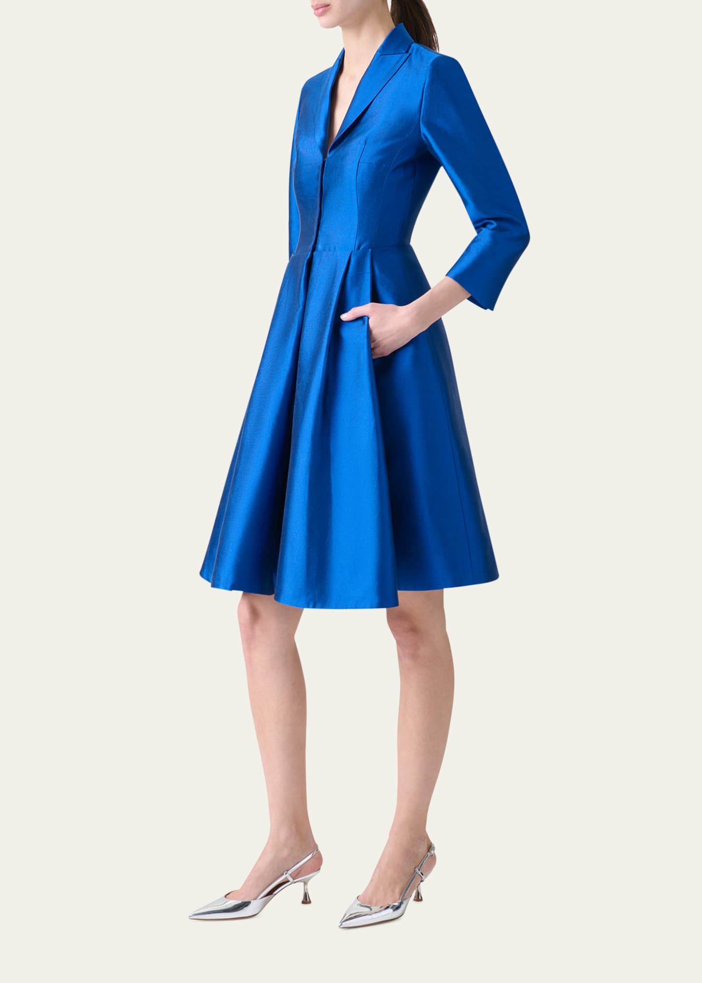 Akris Three-Quarter Sleeve Flared Short Silk Coat Dress Image 4 of 5