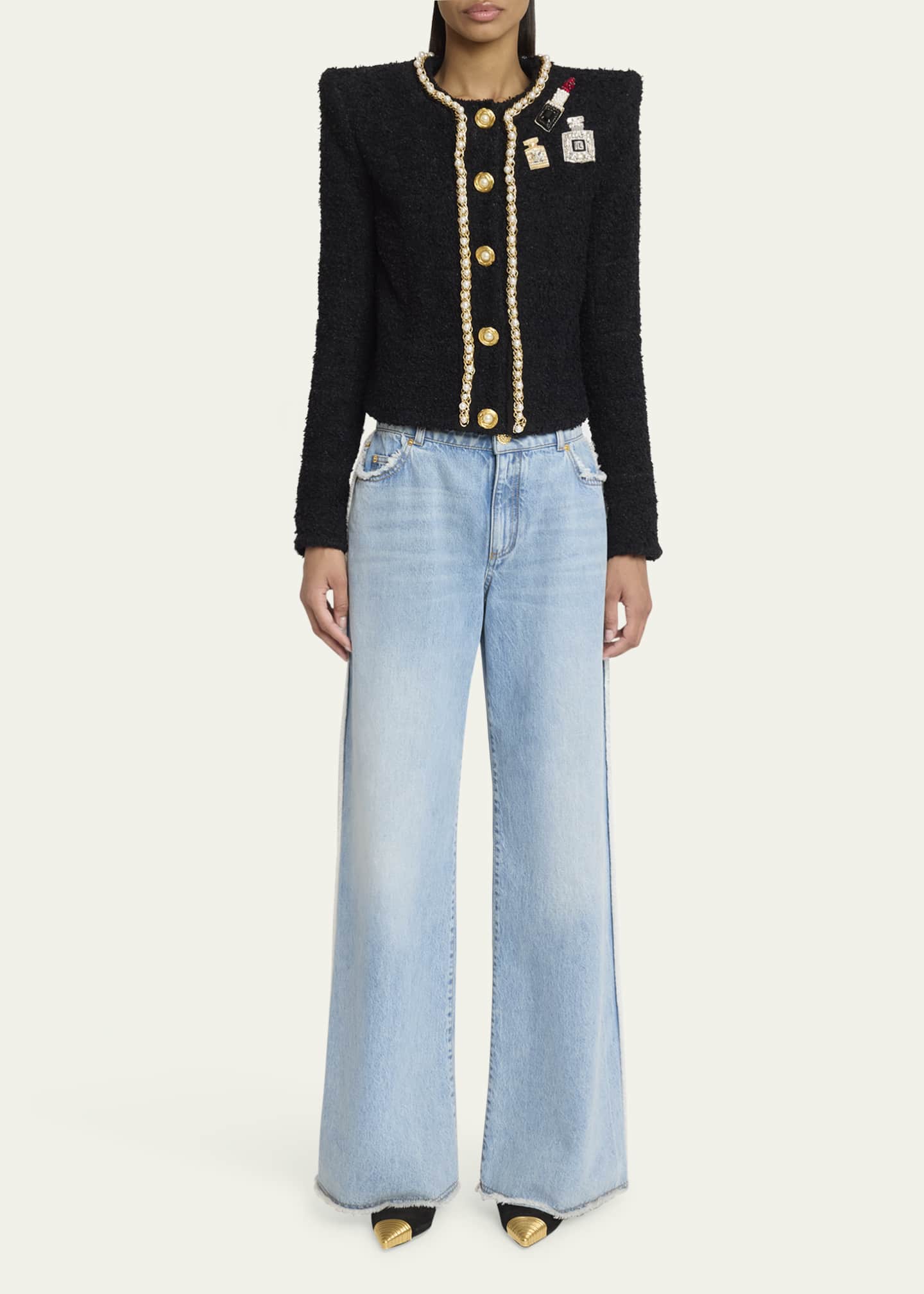 Balmain Patch-Embroidered Chain and Pearl Tweed Jacket Image 2 of 5