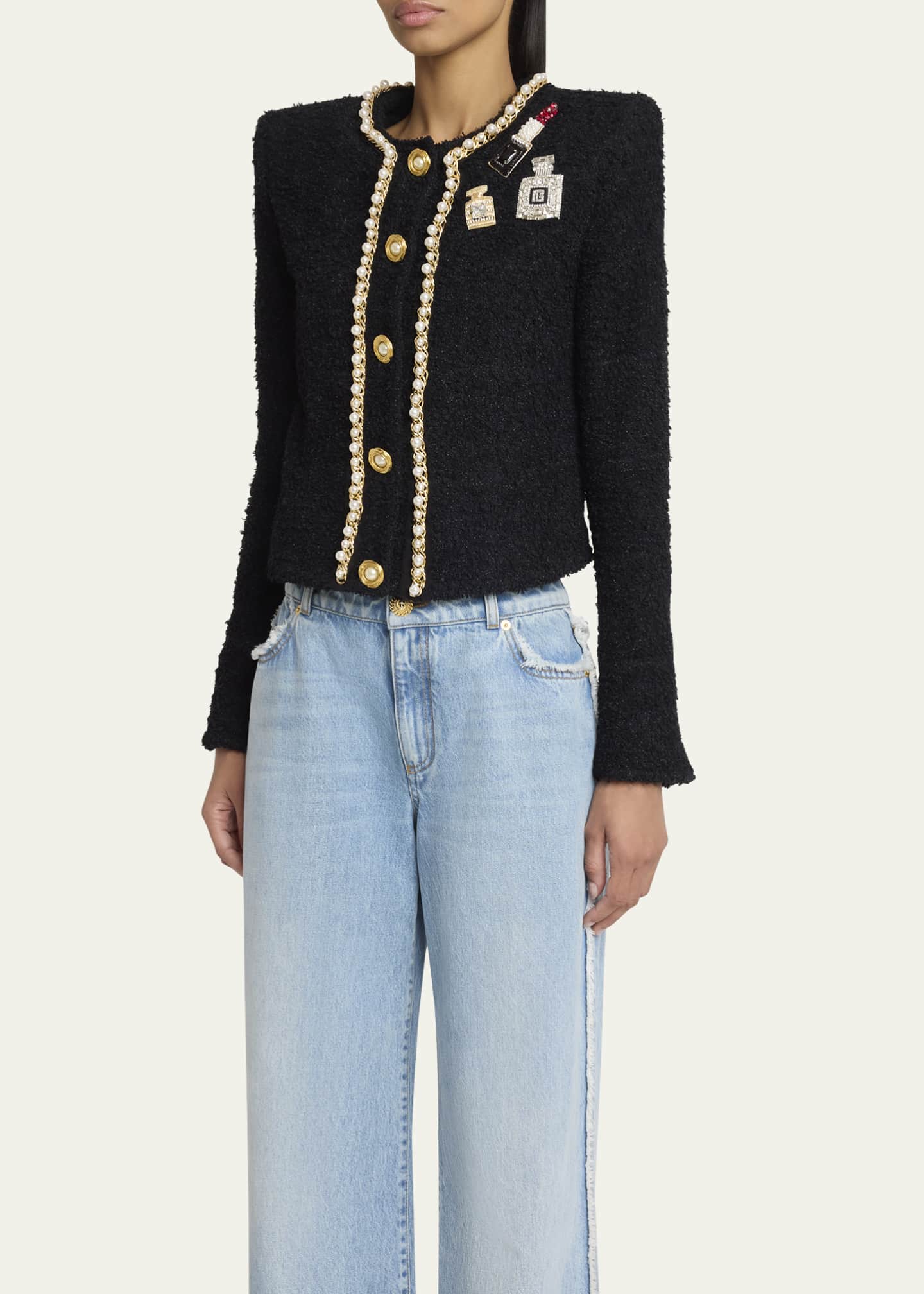 Balmain Patch-Embroidered Chain and Pearl Tweed Jacket Image 4 of 5