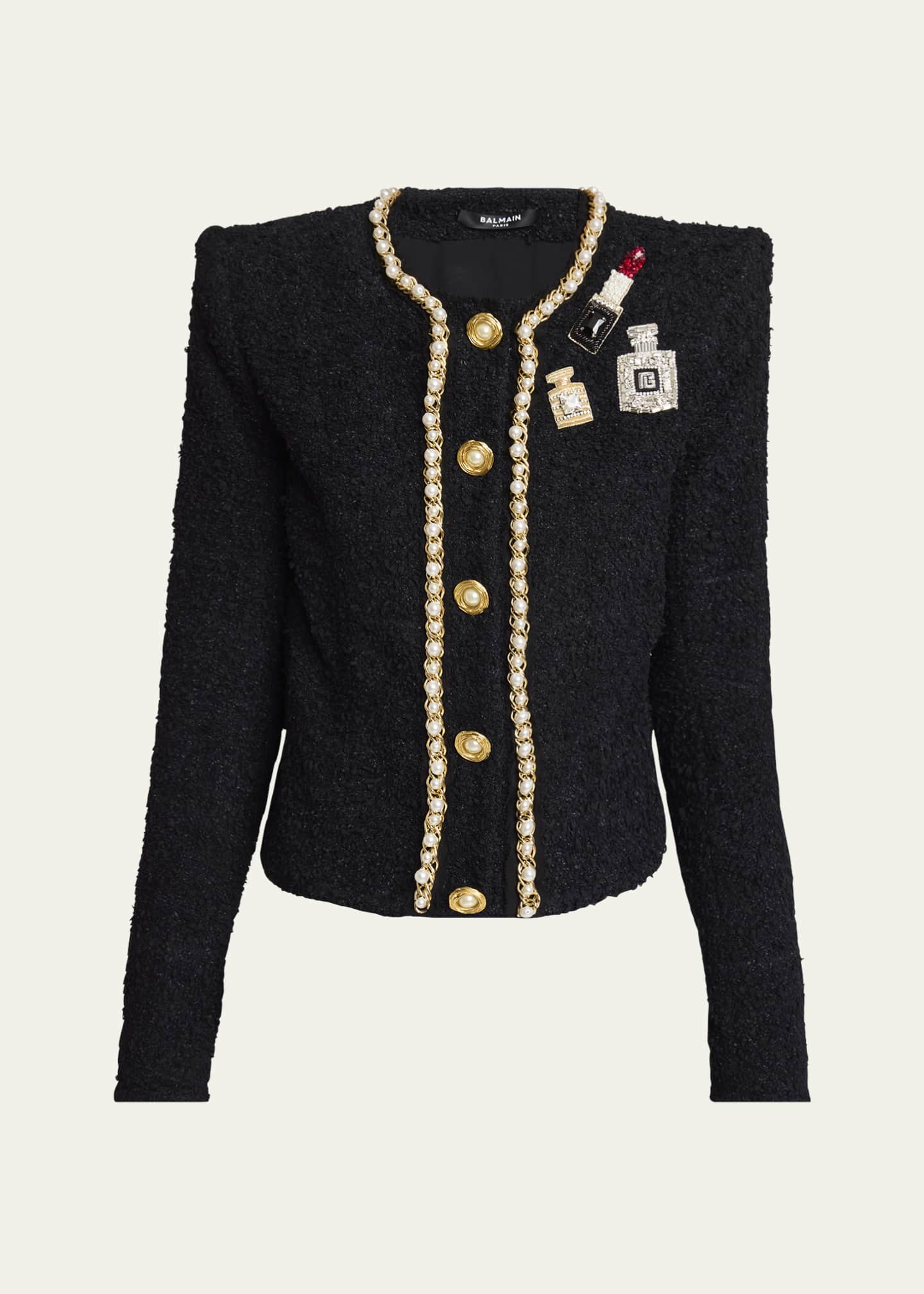 Balmain Patch-Embroidered Chain and Pearl Tweed Jacket Image 1 of 5