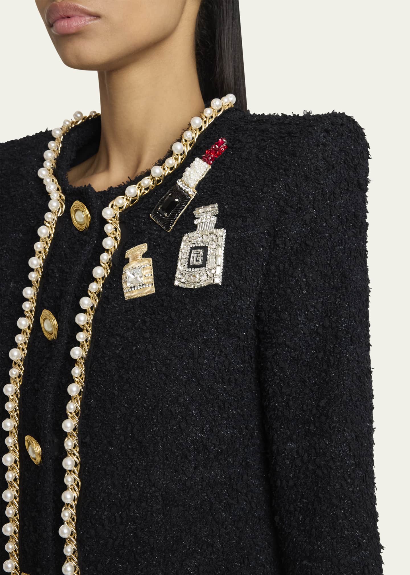 Balmain Patch-Embroidered Chain and Pearl Tweed Jacket Image 5 of 5