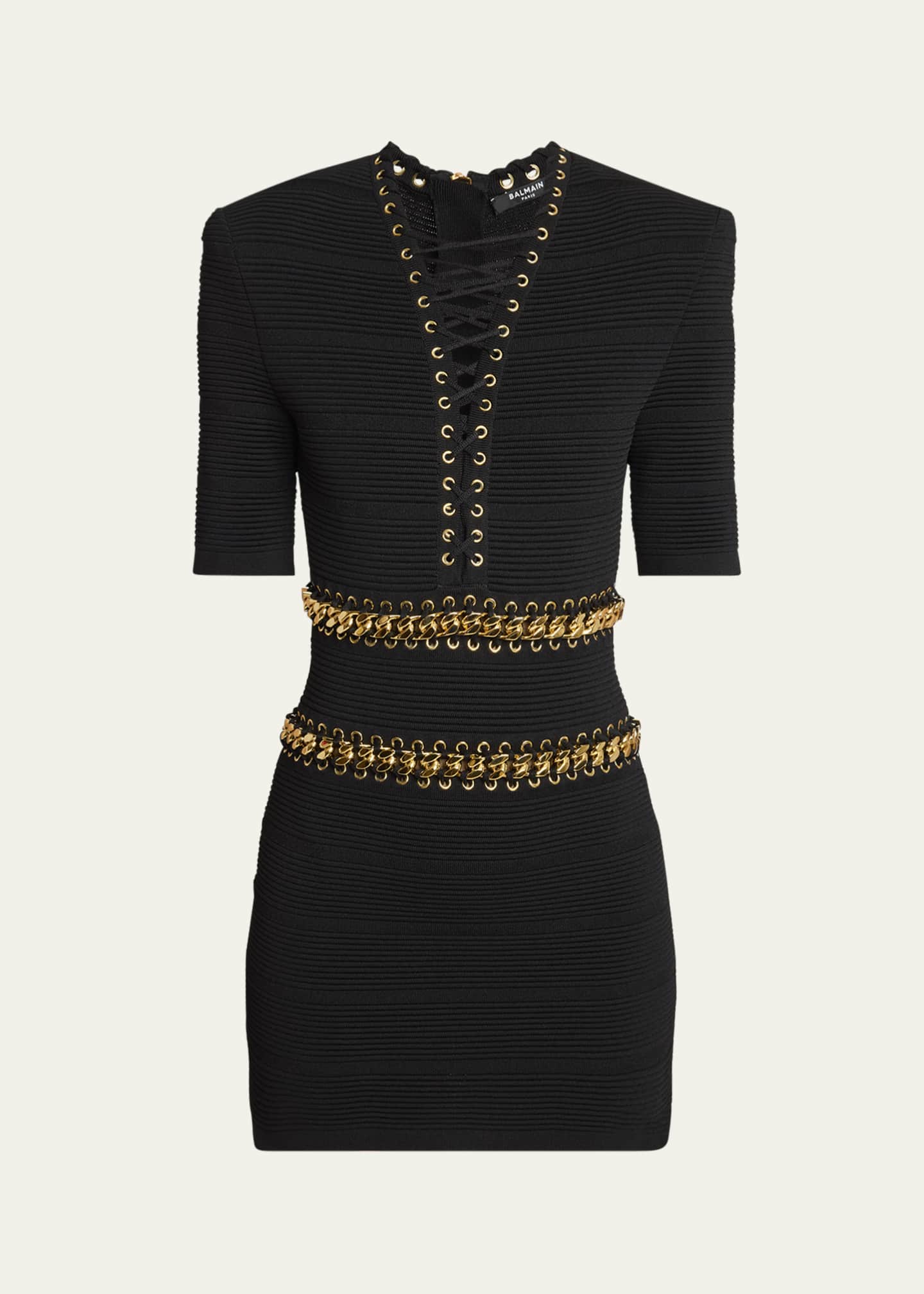 Balmain V-Neck Chain Lace-Up Mini Dress Image 1 of 5