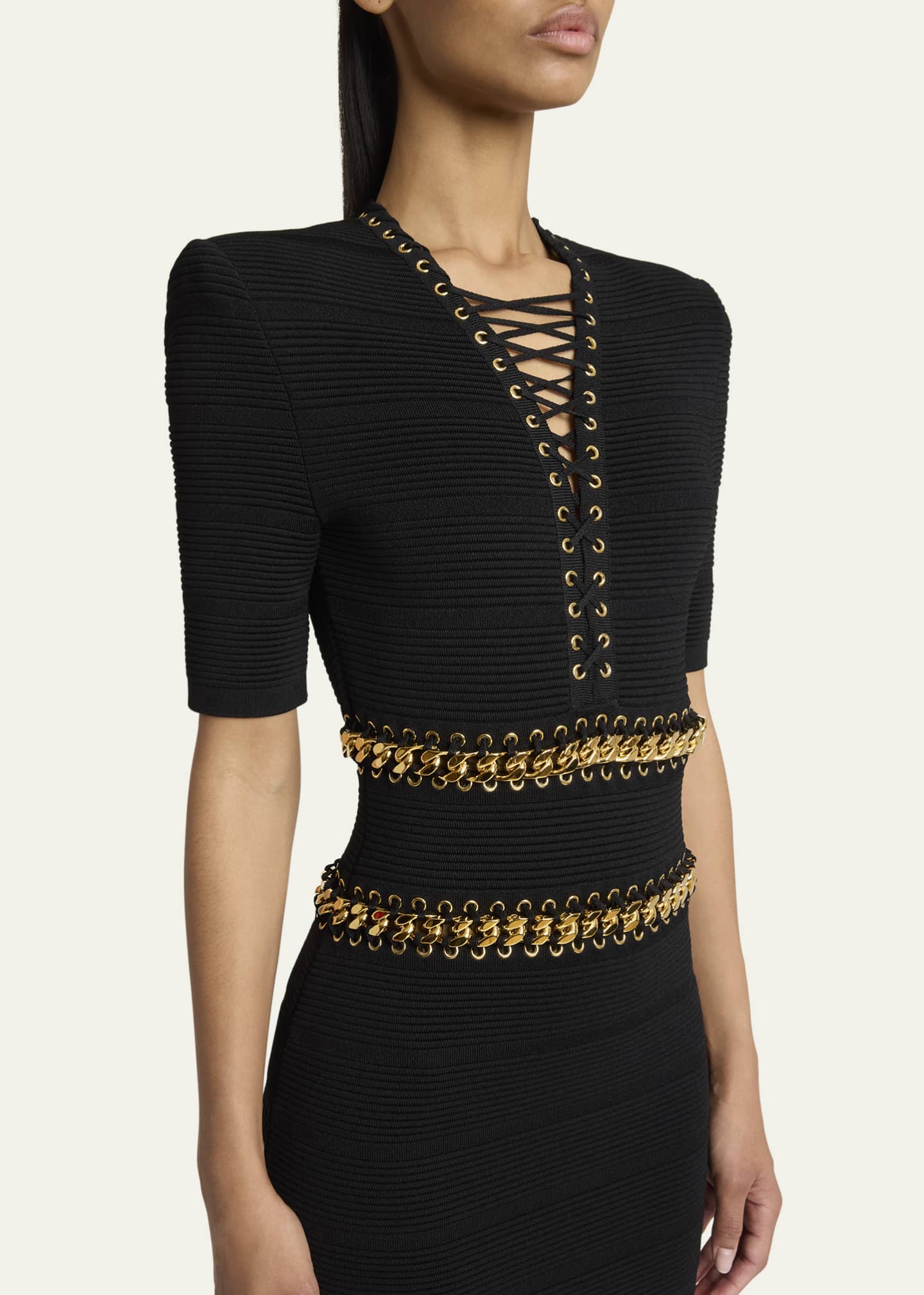 Balmain V-Neck Chain Lace-Up Mini Dress Image 5 of 5