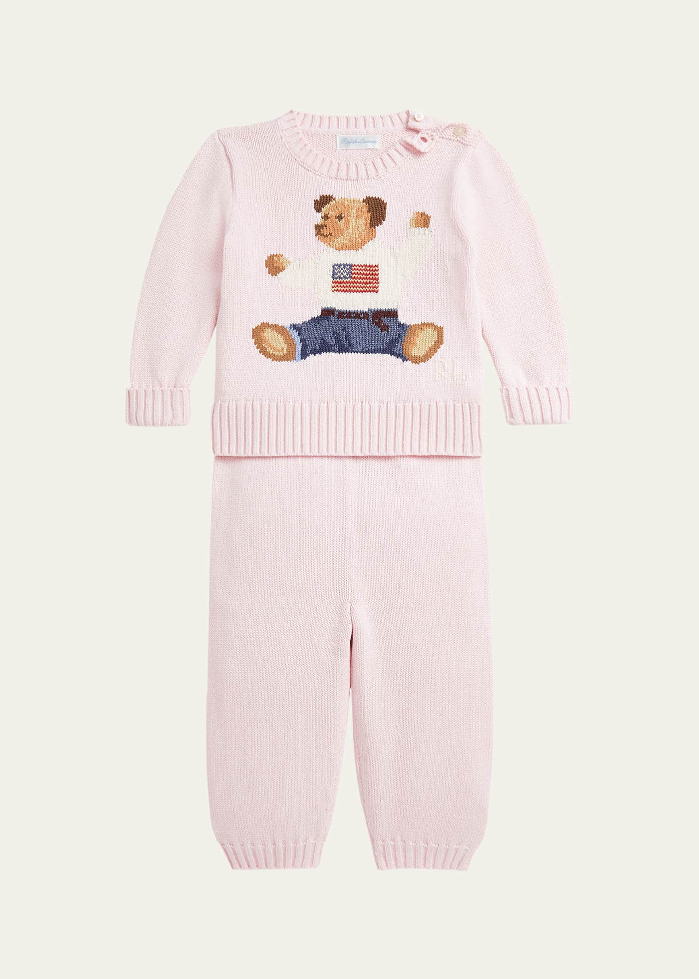 Ralph Lauren Childrenswear Girl's Flag Bear Intarsia Knit Sweater and Pants Set, Size 3M-24M Image 1 of 2