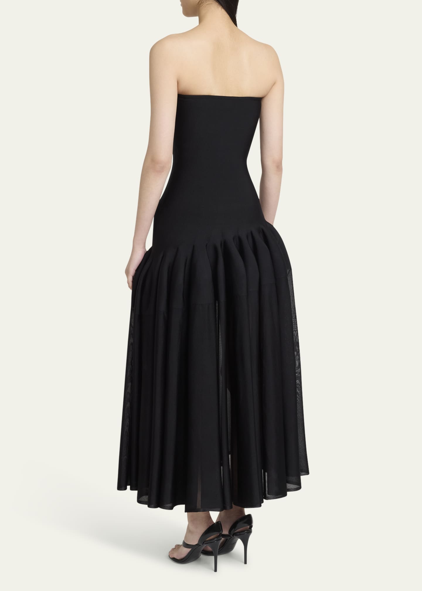 ALAIA Long Strapless Pleated Fit-Flare Dress Image 3 of 5