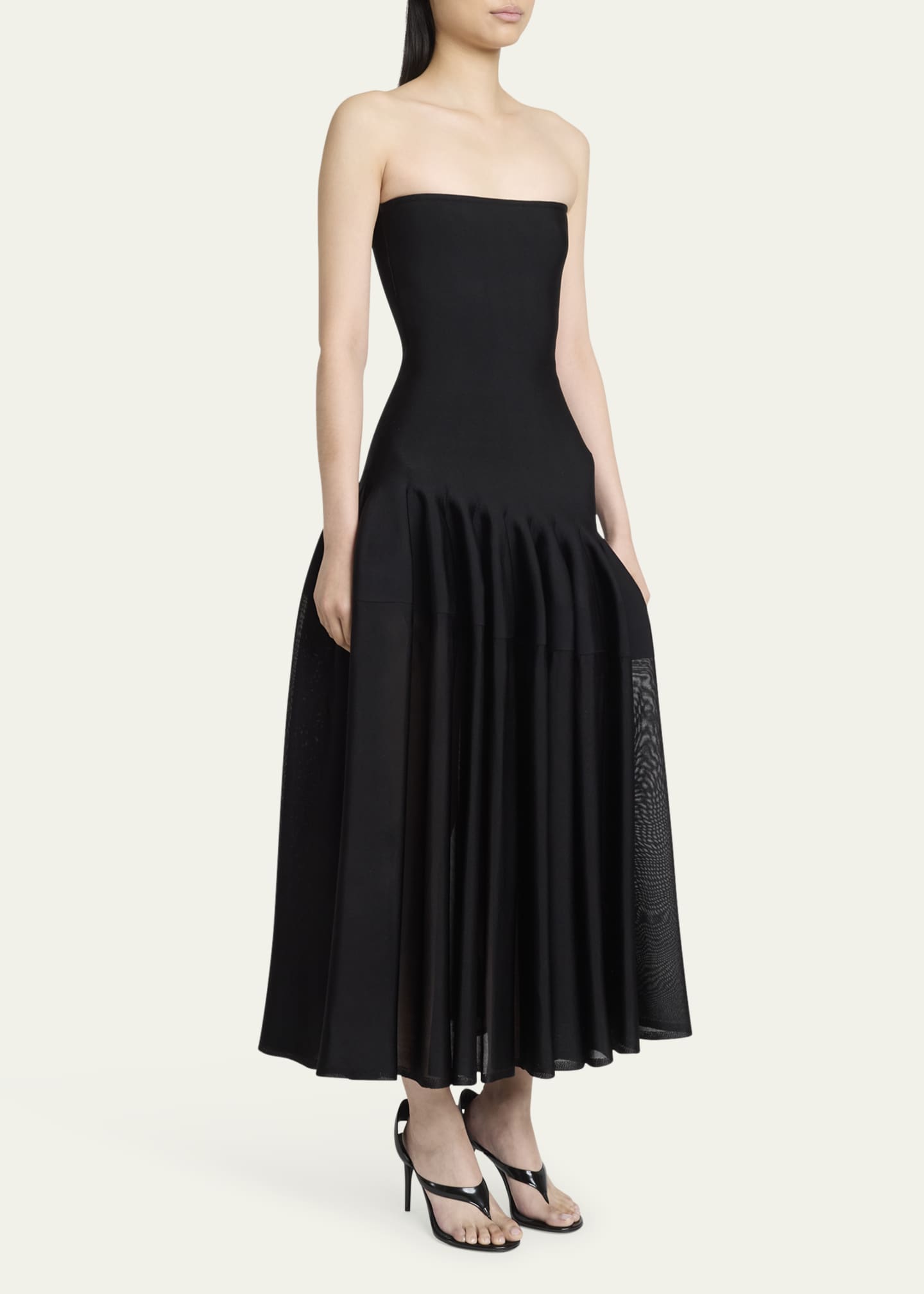 ALAIA Long Strapless Pleated Fit-Flare Dress Image 4 of 5