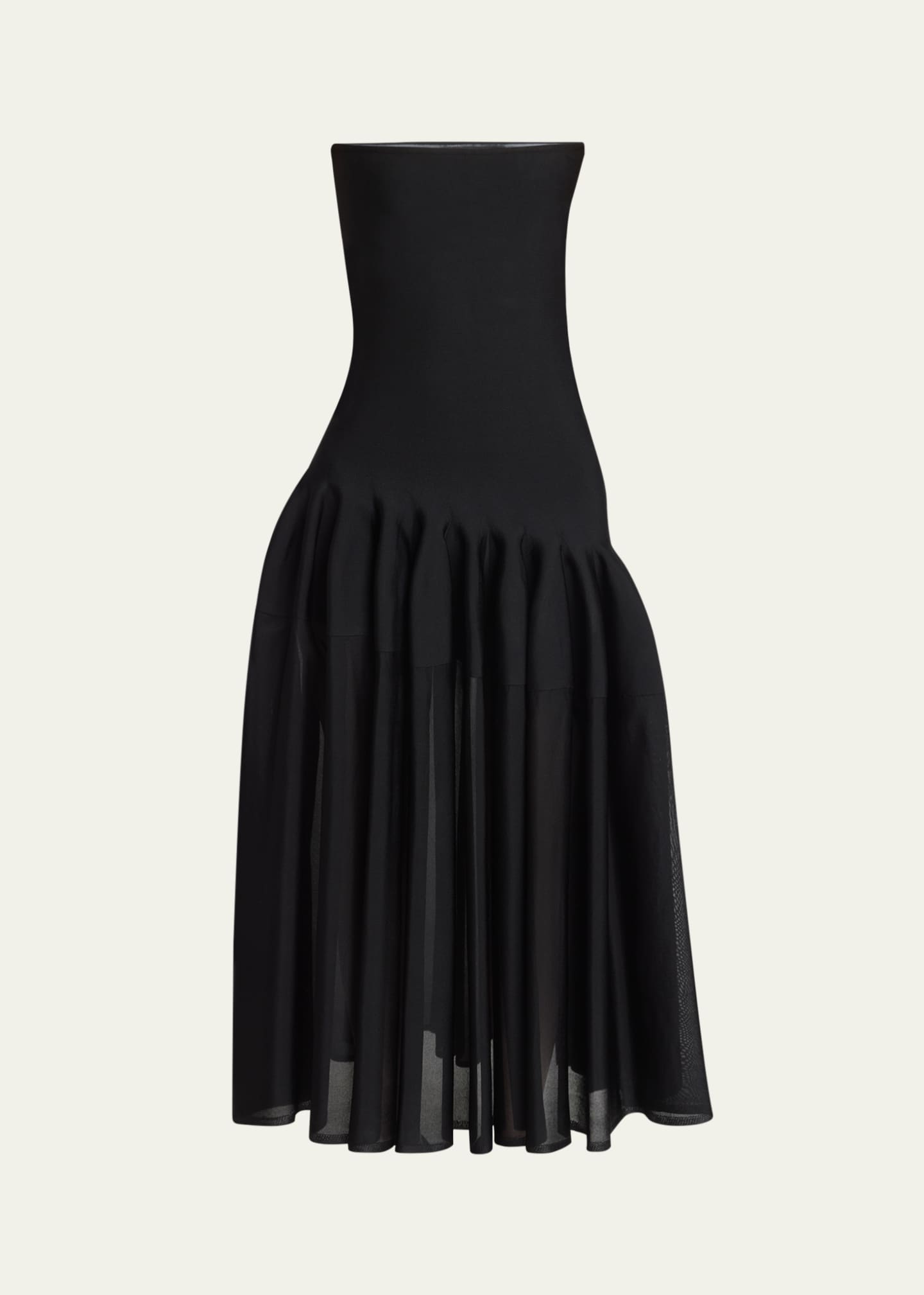 ALAIA Long Strapless Pleated Fit-Flare Dress Image 1 of 5