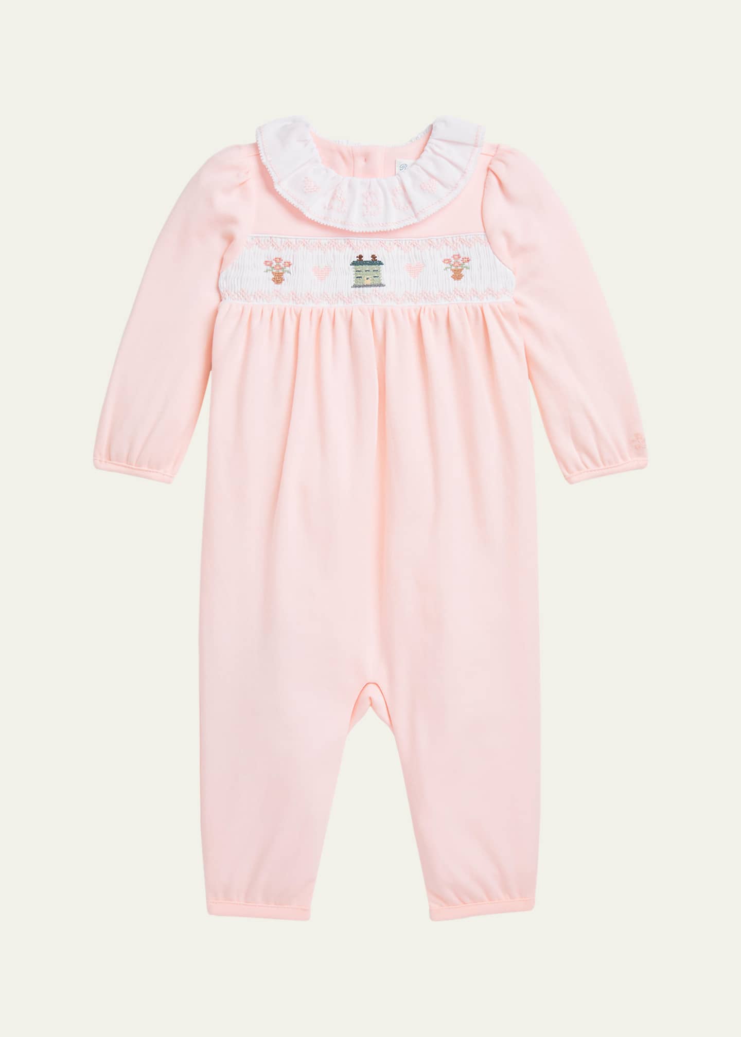 Ralph Lauren Childrenswear Girl's Smocked Embroidered Coverall, Size 3M-12M Image 1 of 3