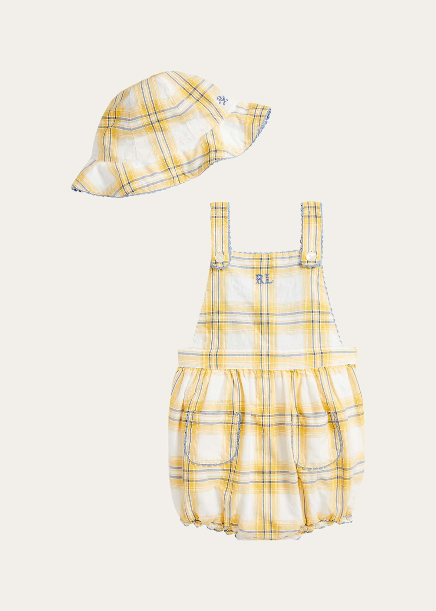 Ralph Lauren Childrenswear Girl's Plaid Dobby Cotton Shortalls, Size 3M-24M Image 1 of 2