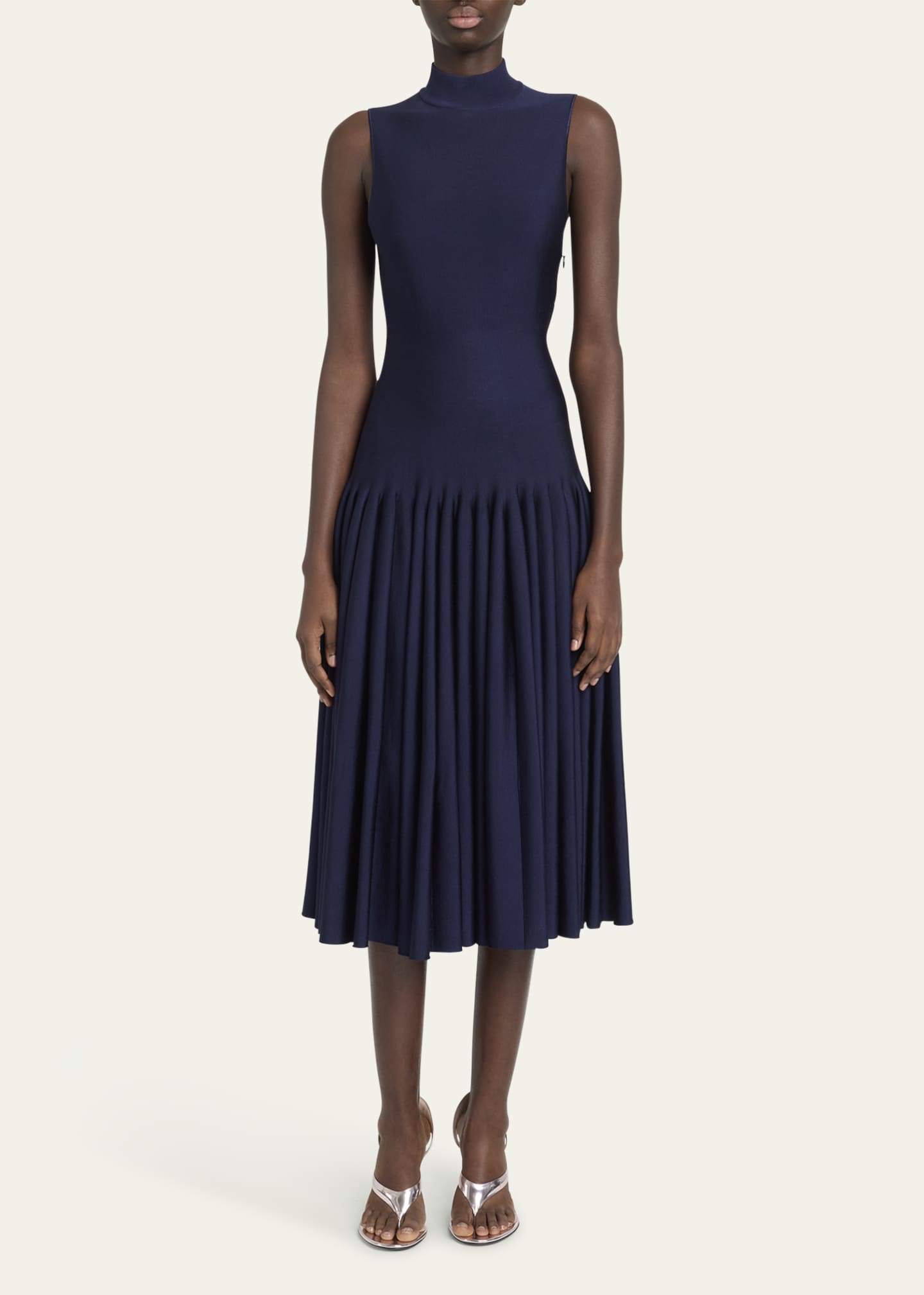 ALAIA High-Neck Pleated Knit Midi Dress Image 2 of 5