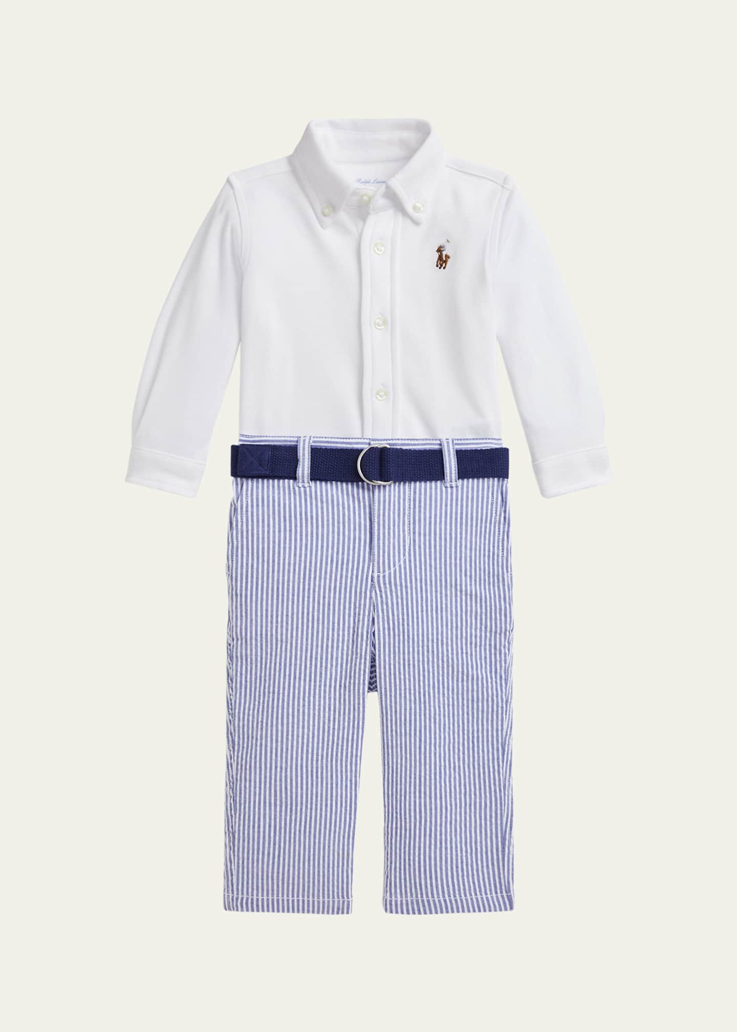 Ralph Lauren Childrenswear Kid's Cotton Shirt & Seersucker Belted Pants Set, Size 3M-24M Image 1 of 2