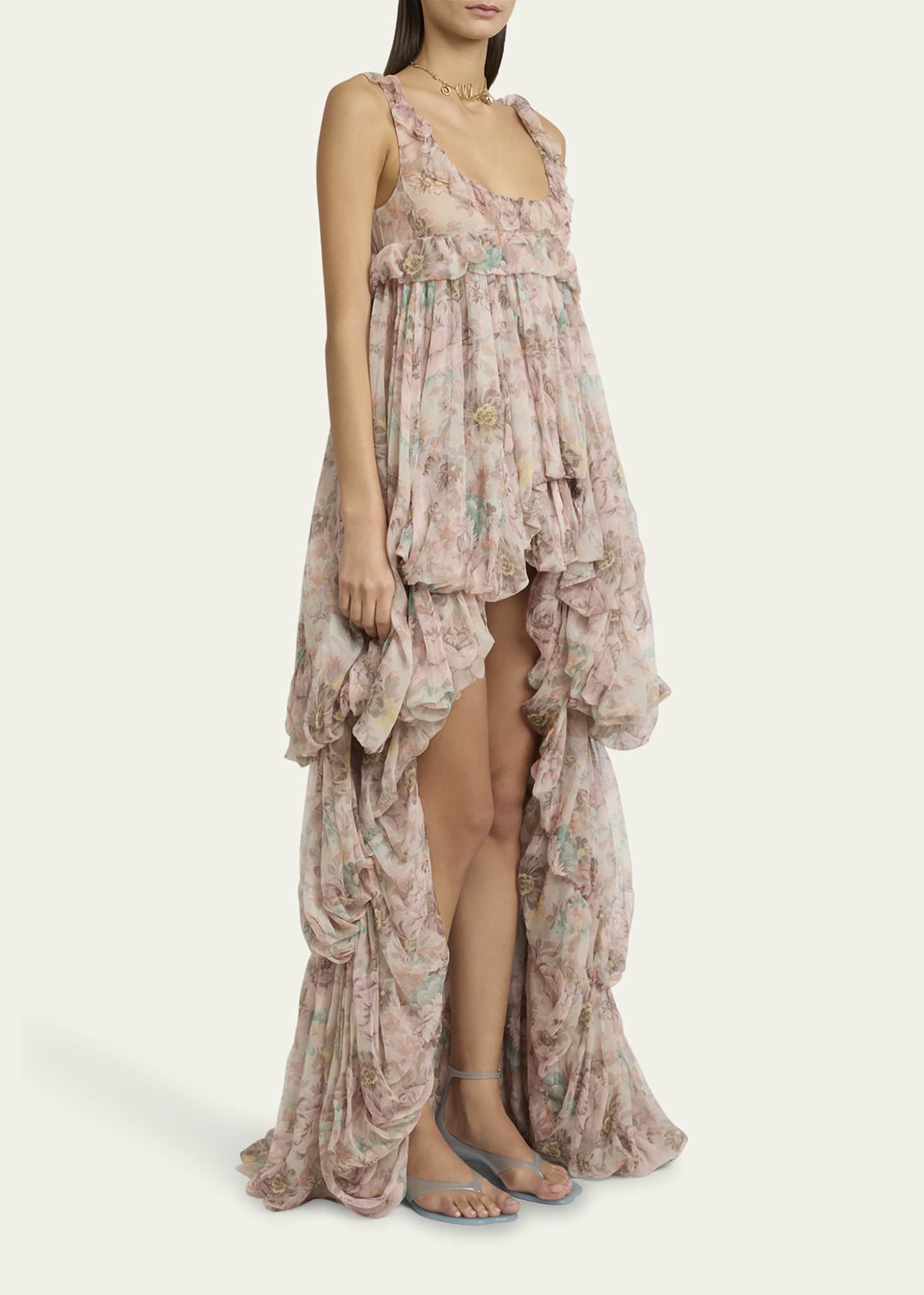 Chloe Floral Ruffle Tiered High-Low Balloon Babydoll Dress Image 4 of 5