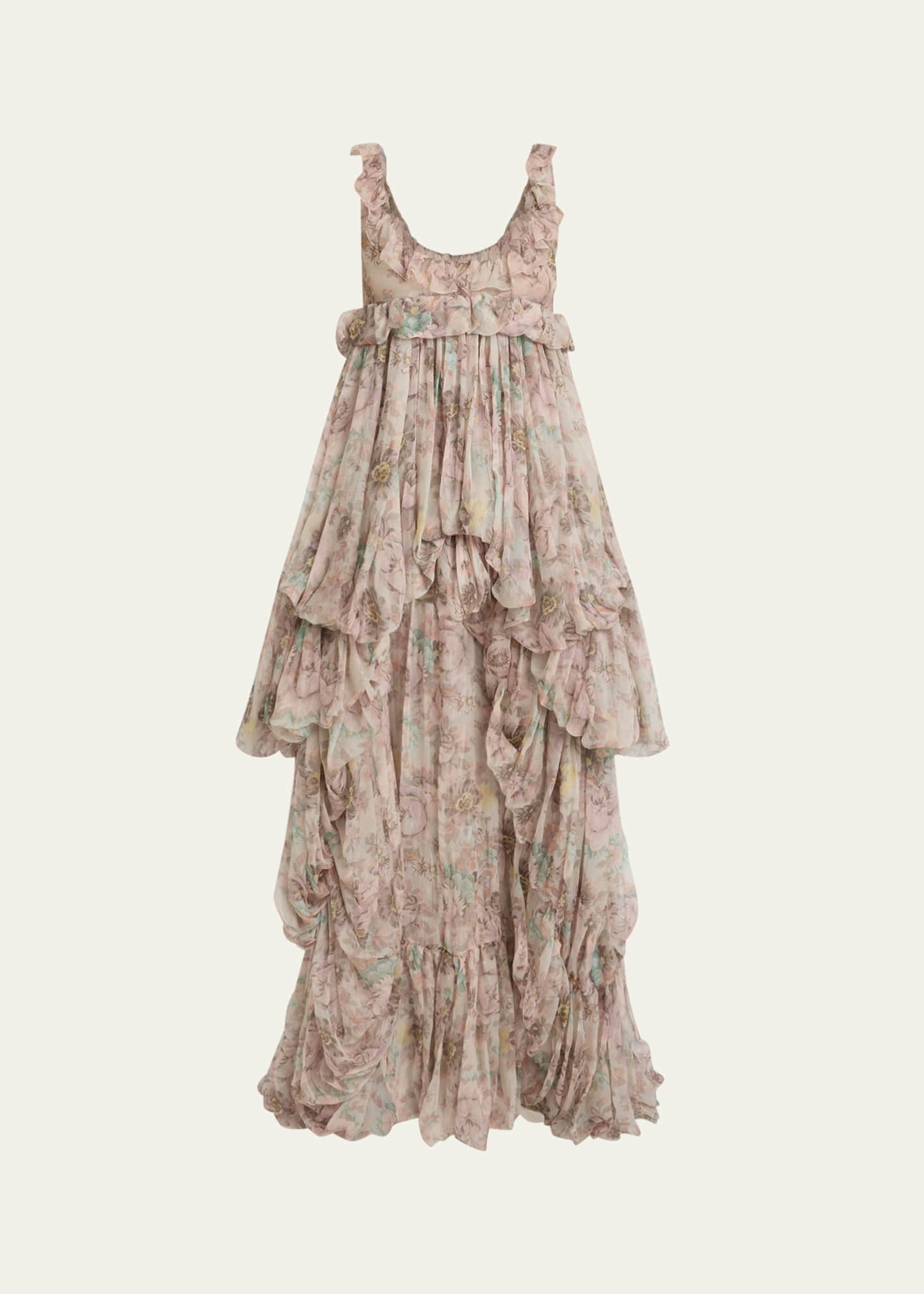 Chloe Floral Ruffle Tiered High-Low Balloon Babydoll Dress Image 1 of 5