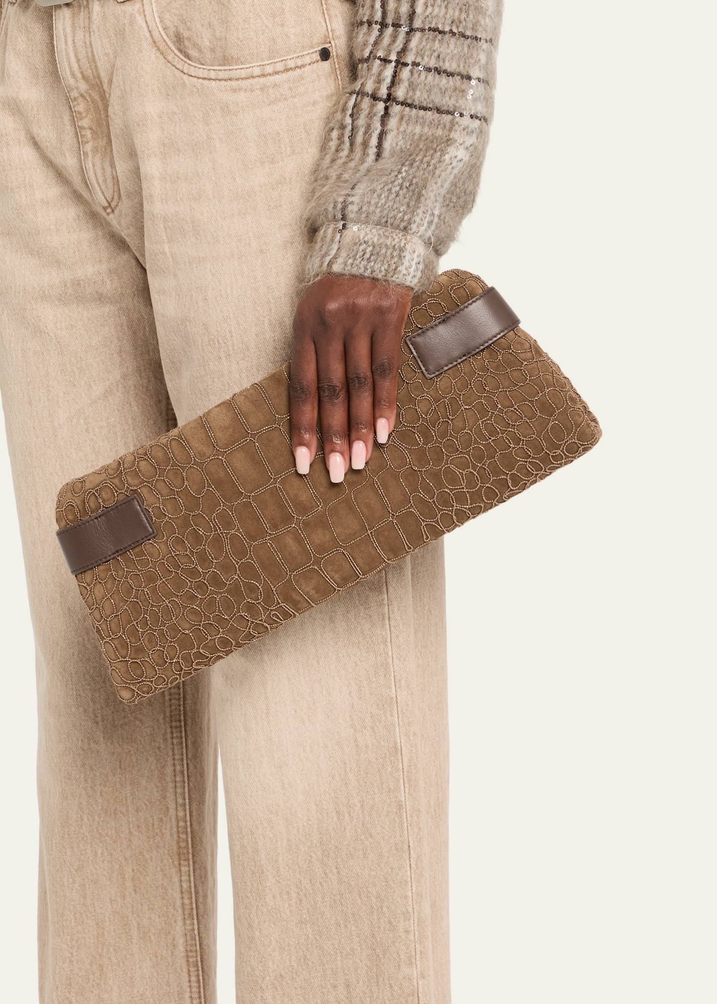 【関税＆送料込み】Brunello Cucinelli Suede Leather Clutch BRUNELLO CUCINELLI Bead-embellished leather-trimmed suede