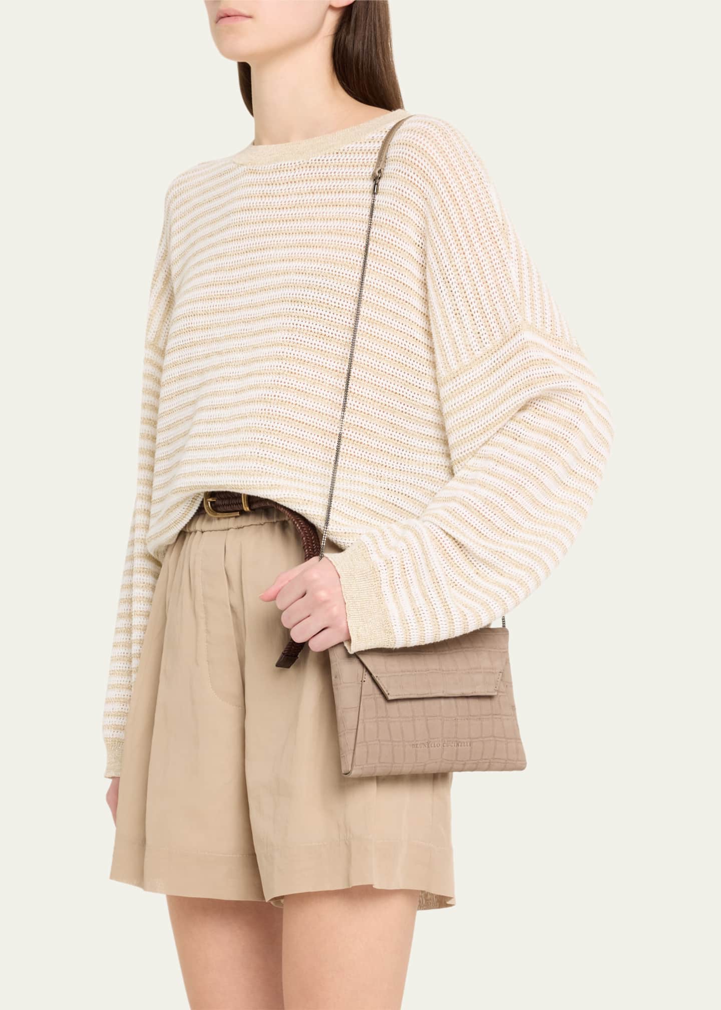 Brunello Cucinelli Duo Mini Croc-Embossed Suede Pouchette Clutch Bag Image 2 of 5