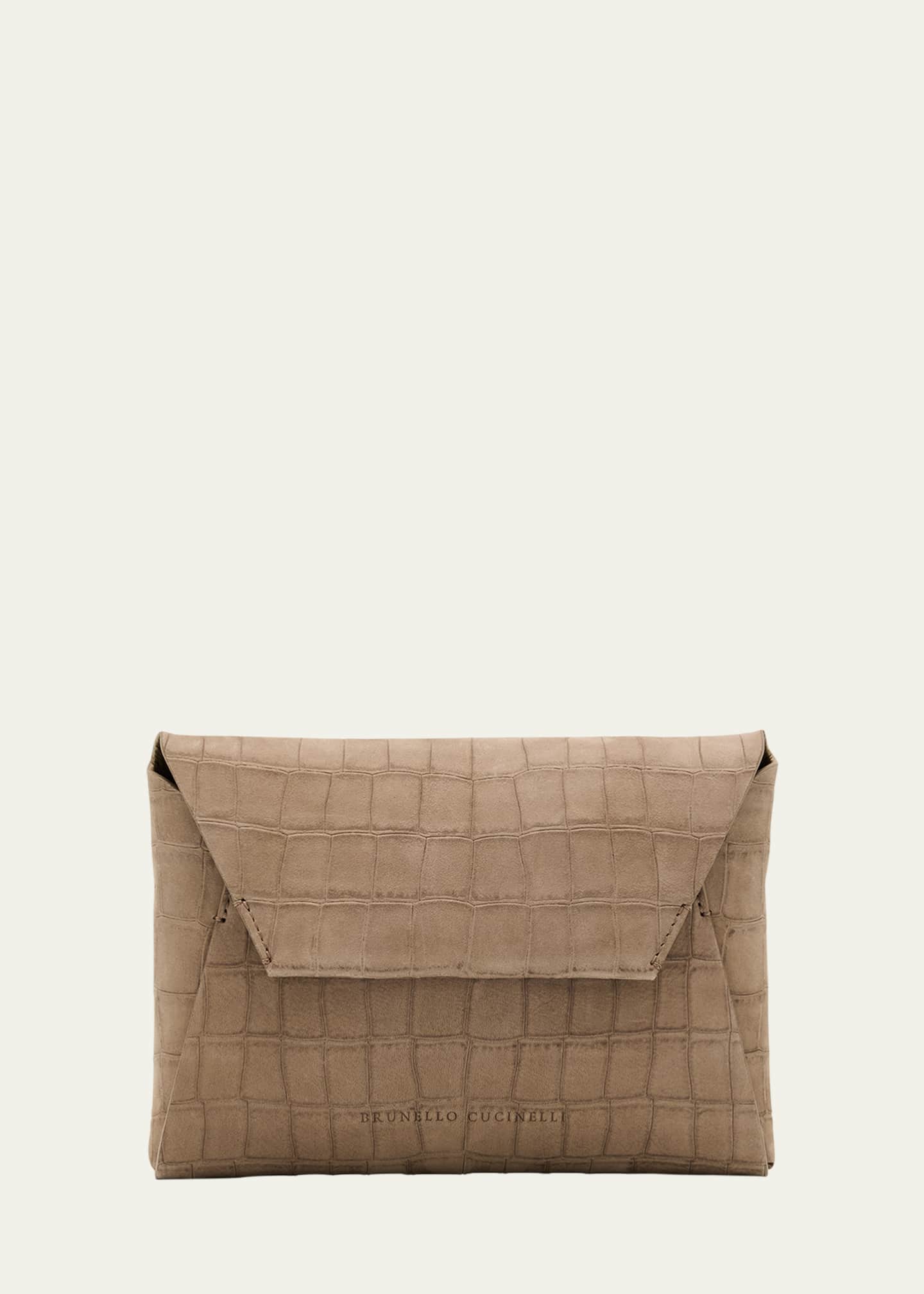 Brunello Cucinelli Duo Mini Croc-Embossed Suede Pouchette Clutch Bag Image 1 of 5
