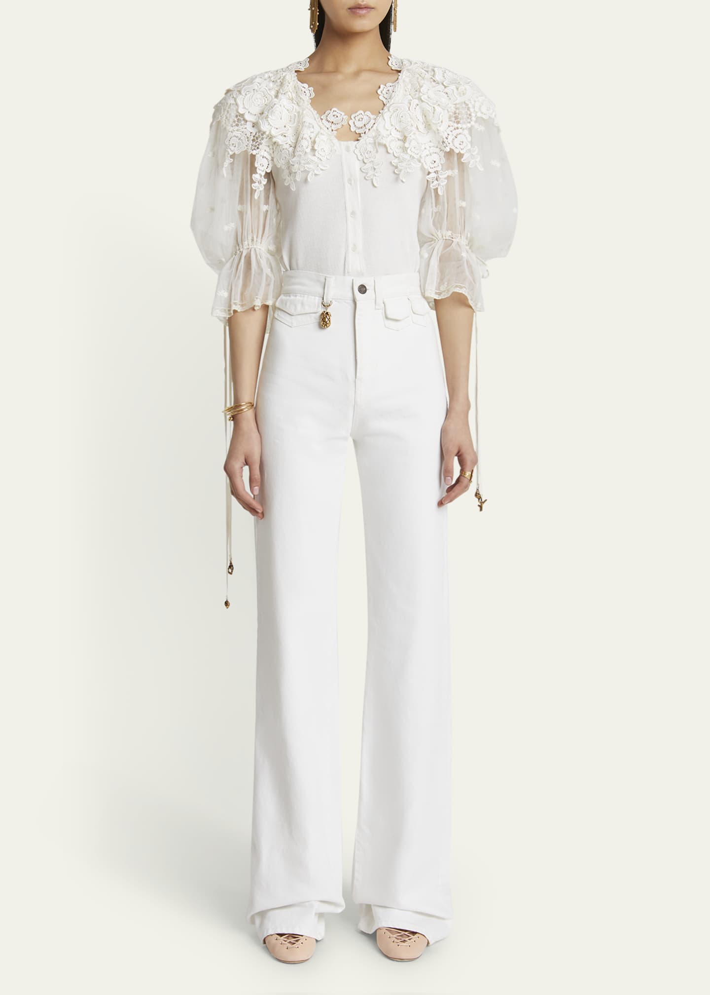 Chloe Puff-Sleeve Guipure Lace Bodysuit Image 2 of 5