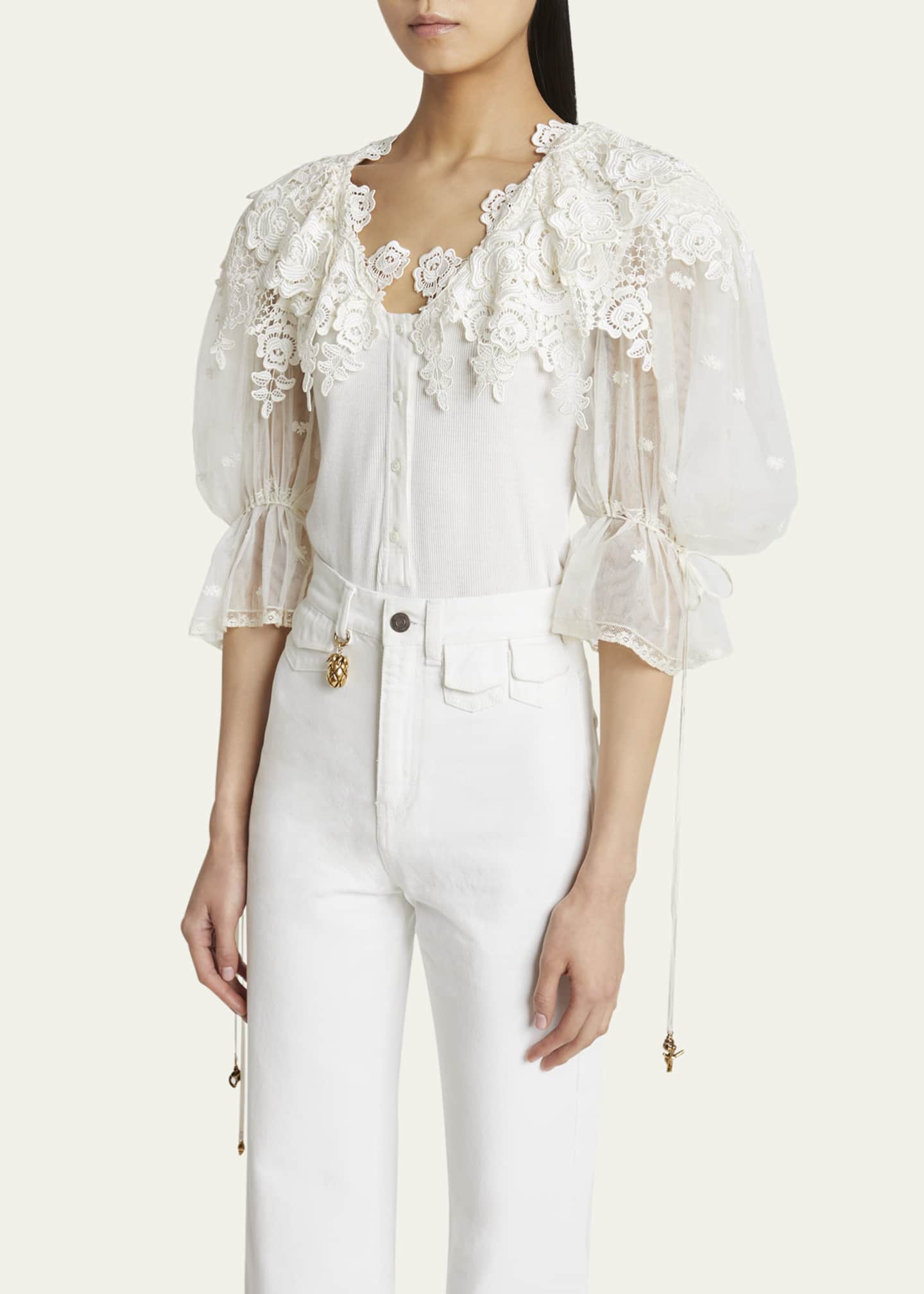Chloe Puff-Sleeve Guipure Lace Bodysuit Image 4 of 5