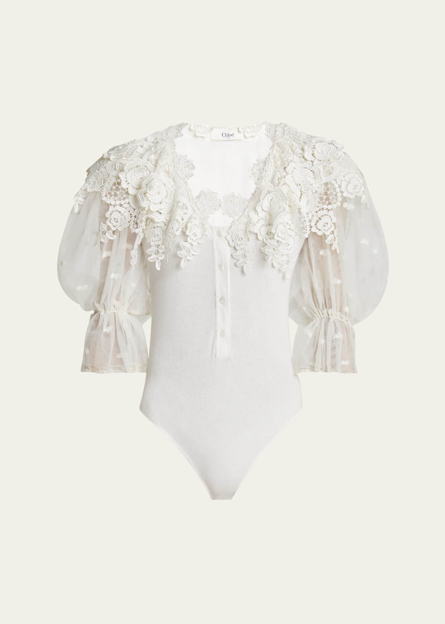 Chloe Puff-Sleeve Guipure Lace Bodysuit Image 1 of 5