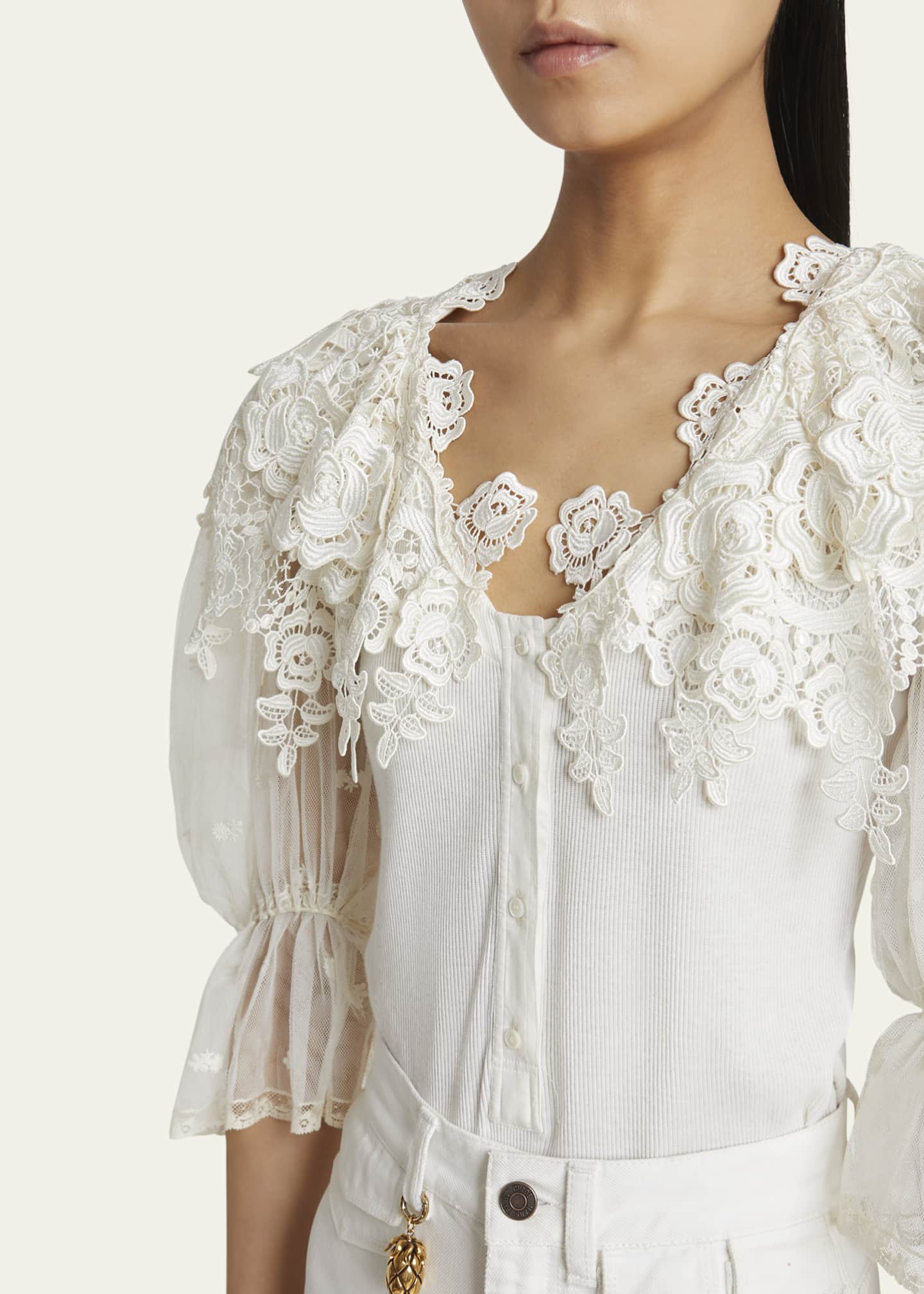 Chloe Puff-Sleeve Guipure Lace Bodysuit Image 5 of 5