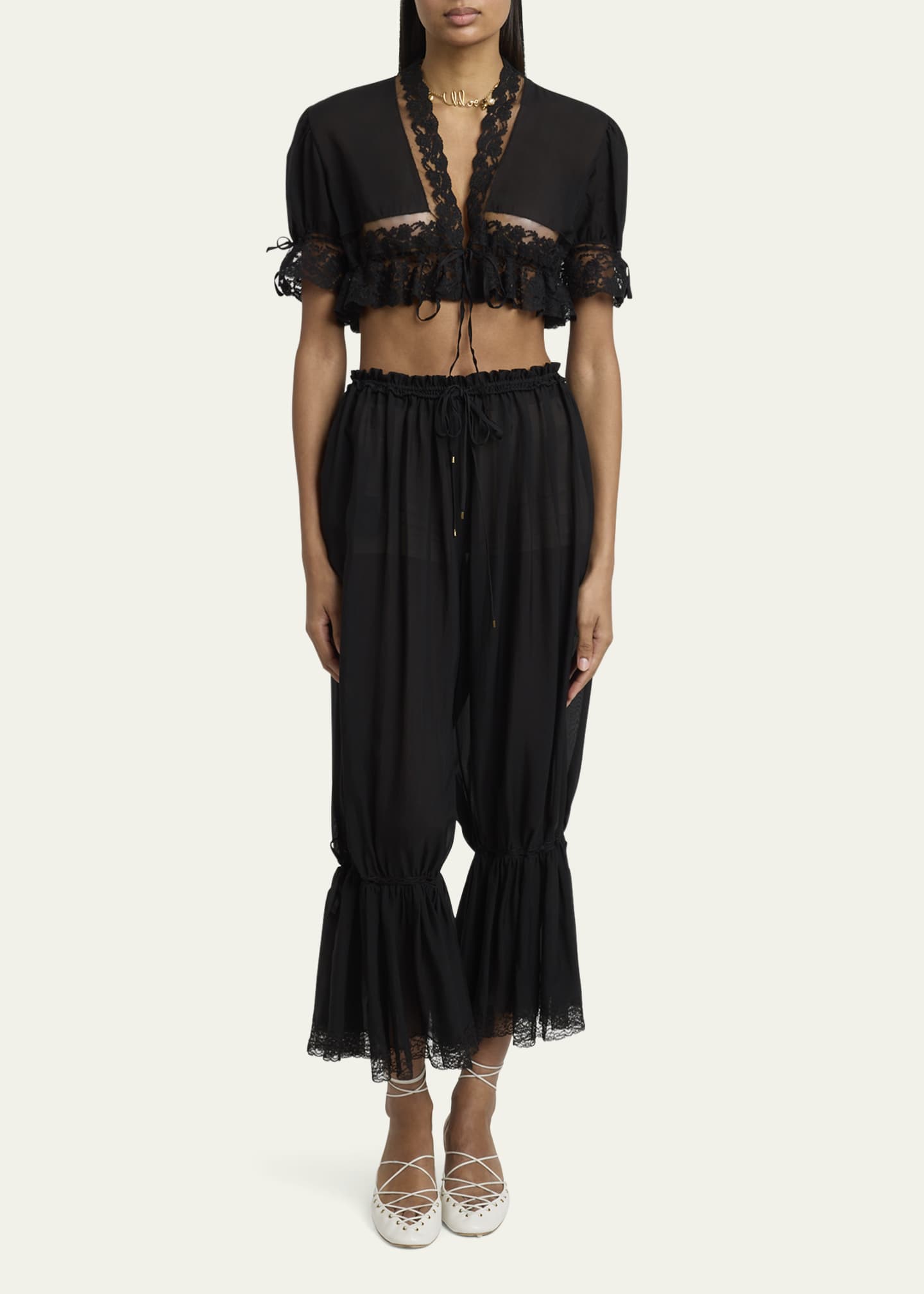 Chloe Drawstring Lace-Trim Cropped Pants Image 2 of 5