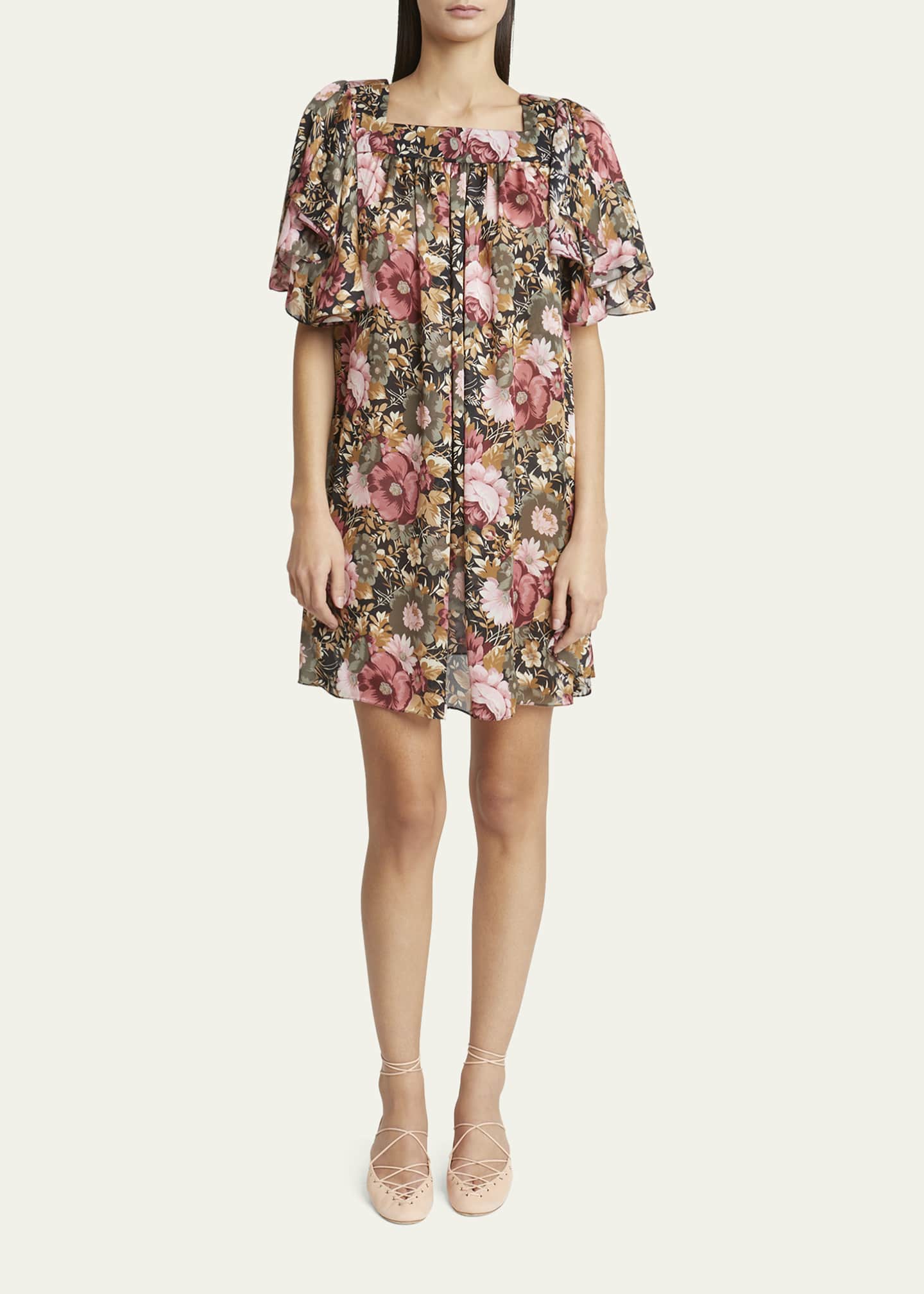 Chloe Rose Print Pleated Mini Silk Dress Image 2 of 5