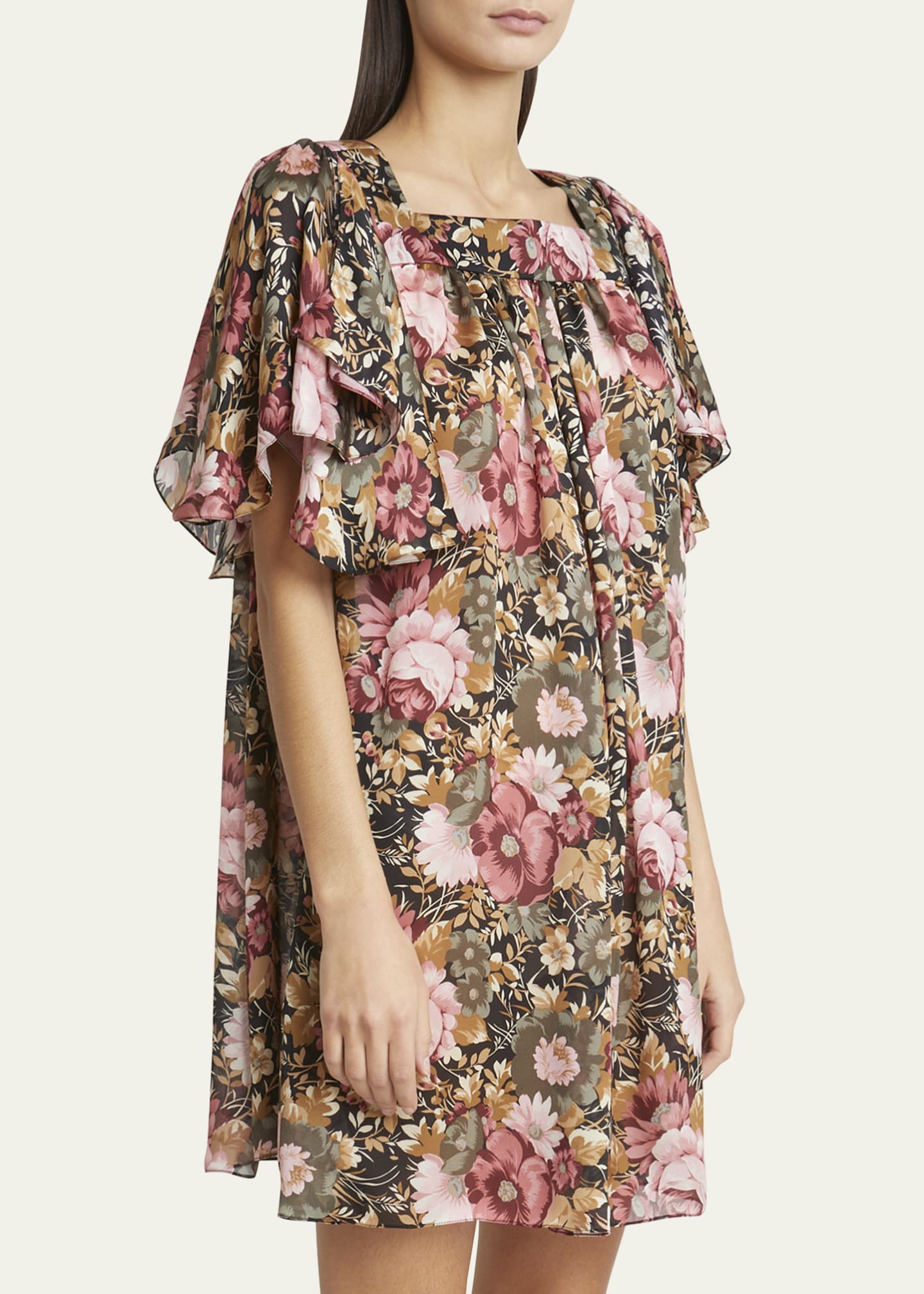 Chloe Rose Print Pleated Mini Silk Dress Image 4 of 5