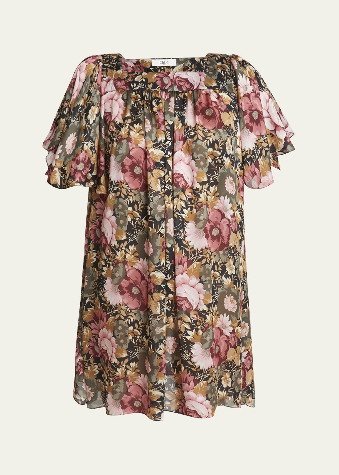 Chloe Rose Print Pleated Mini Silk Dress Image 1 of 5