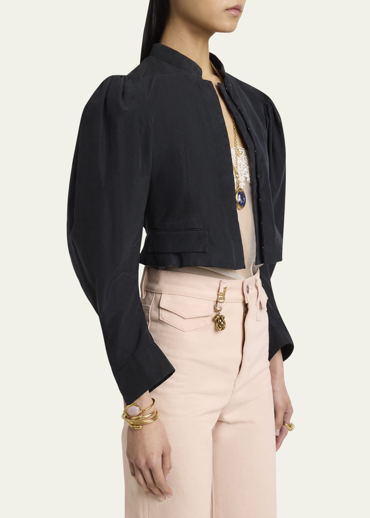 Chloe Puff-Sleeve Cropped Silk Jacket Image 4 of 5