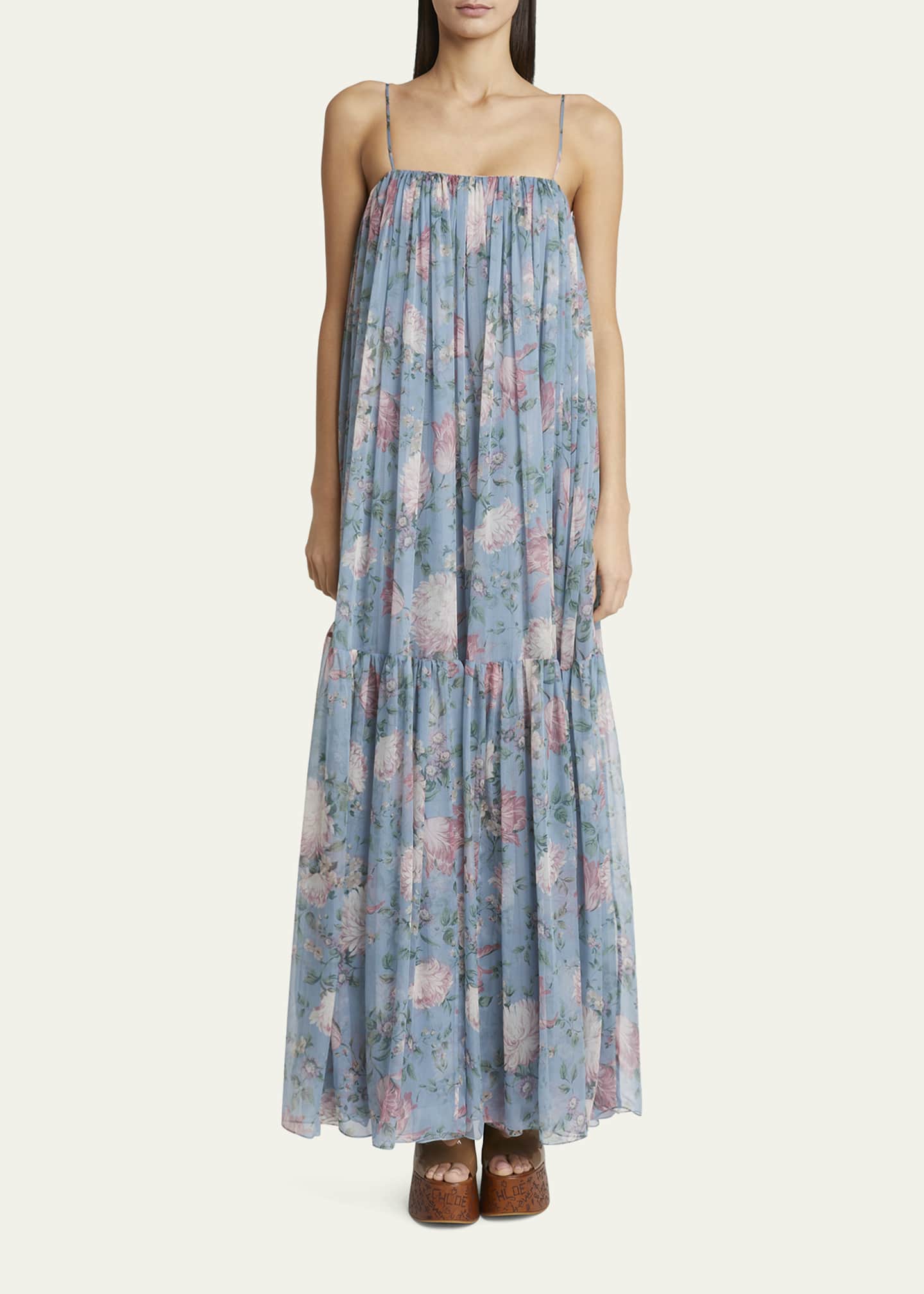 Chloe Long Floral Print Tiered Silk Dress Image 2 of 5