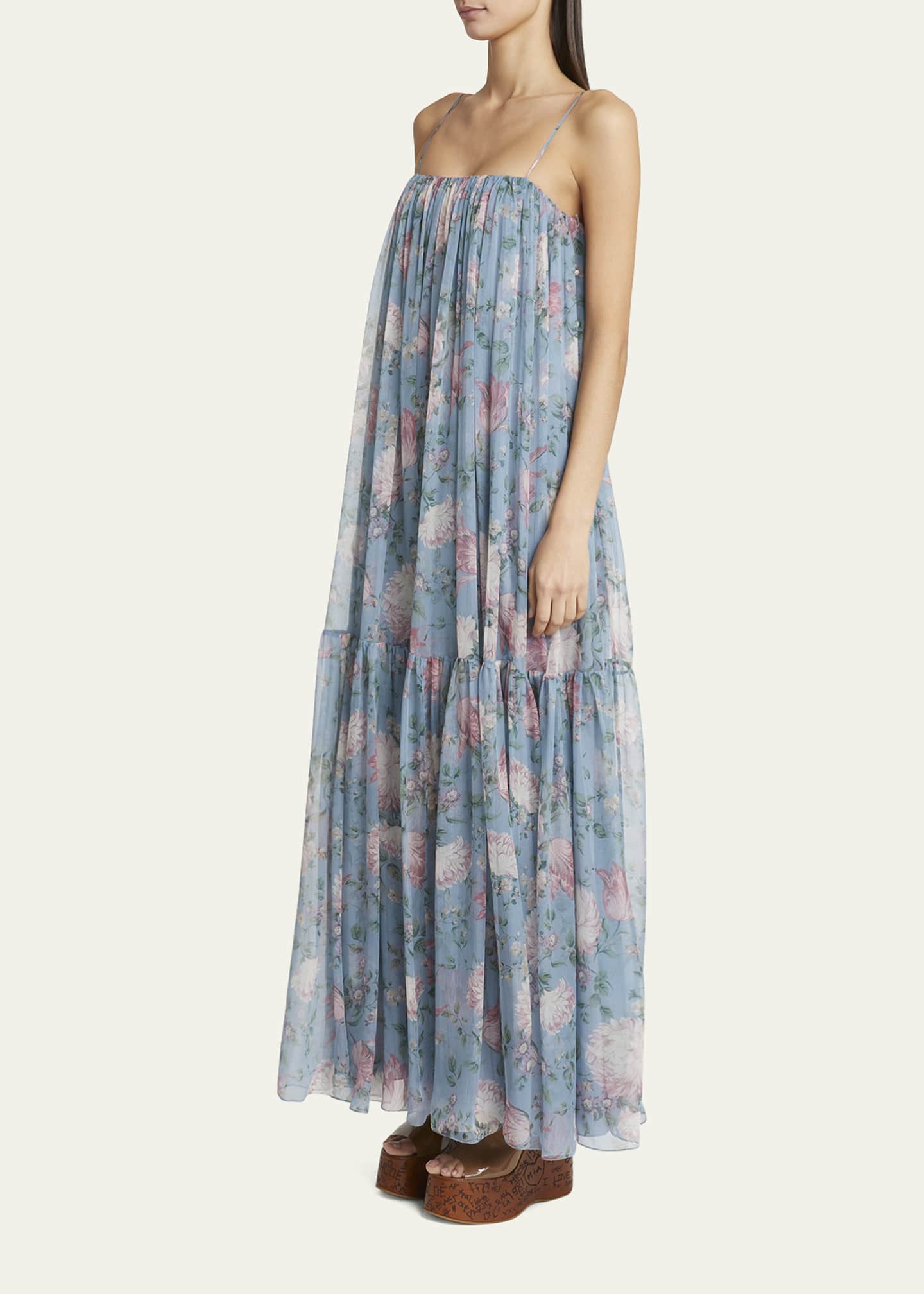 Chloe Long Floral Print Tiered Silk Dress Image 4 of 5