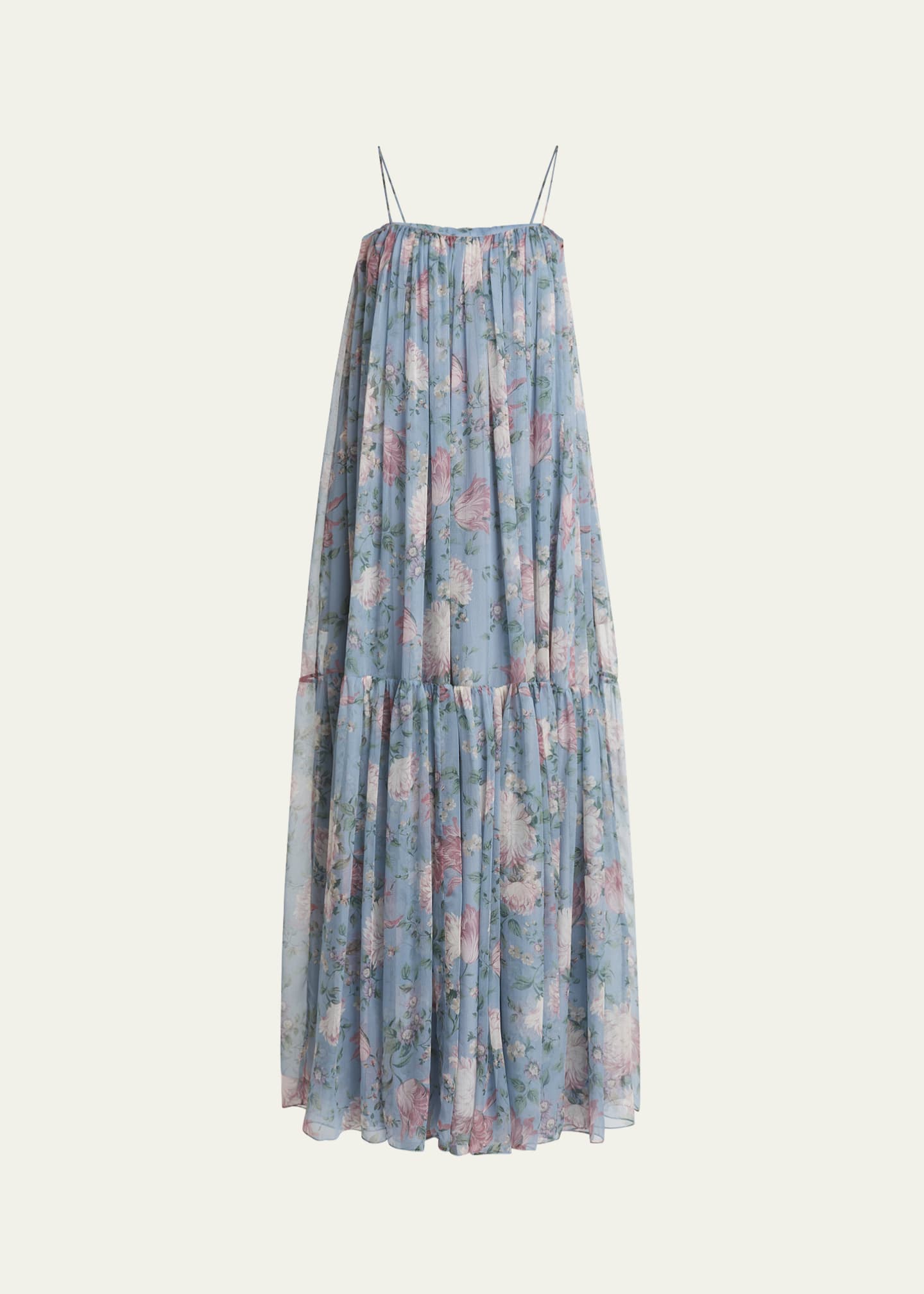 Chloe Long Floral Print Tiered Silk Dress Image 1 of 5