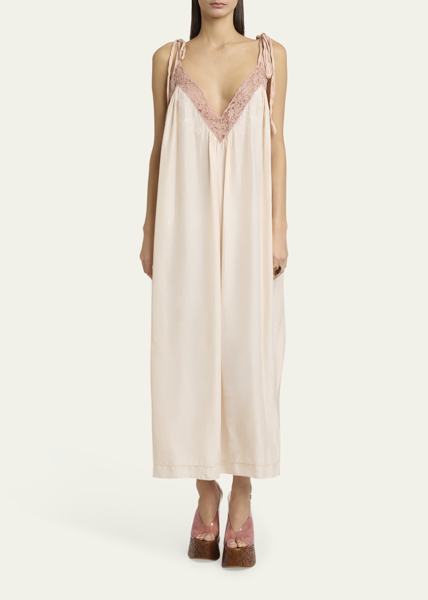 Chloe Long Lace-Trim Silk Slip Dress Image 2 of 5