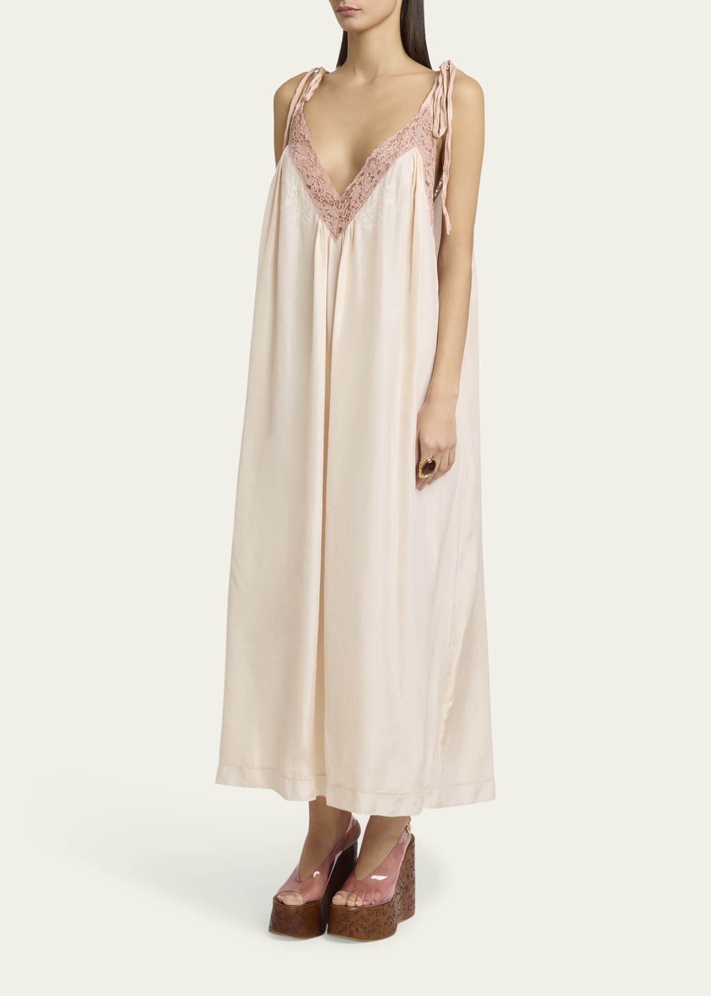 Chloe Long Lace-Trim Silk Slip Dress Image 4 of 5