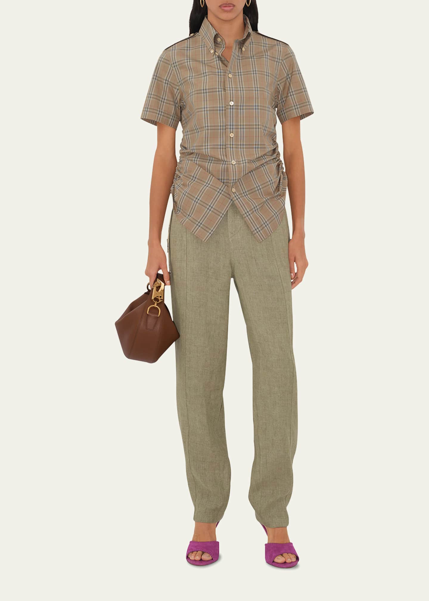 Burberry Ruched Check Short-Sleeve Shirt Image 2 of 5
