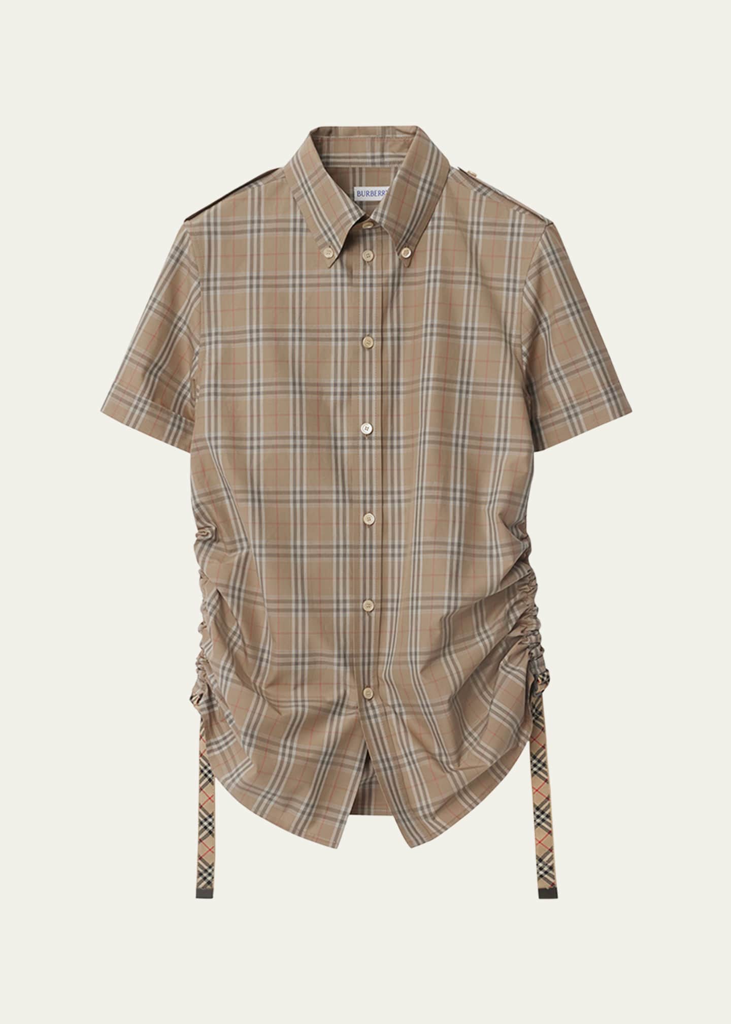 Burberry Ruched Check Short-Sleeve Shirt Image 1 of 5