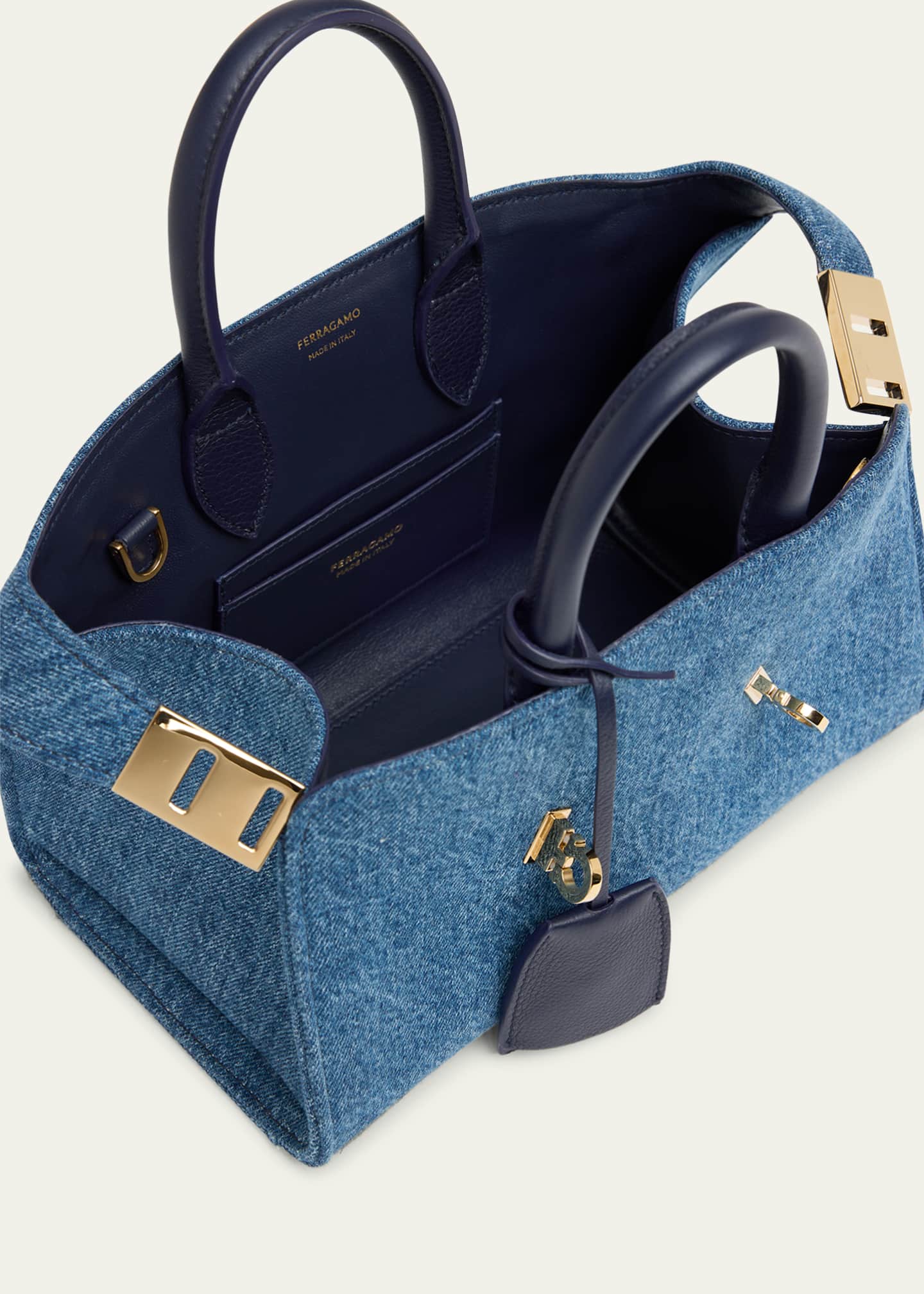 Ferragamo Hug Washed Denim Top-Handle Bag Image 3 of 4