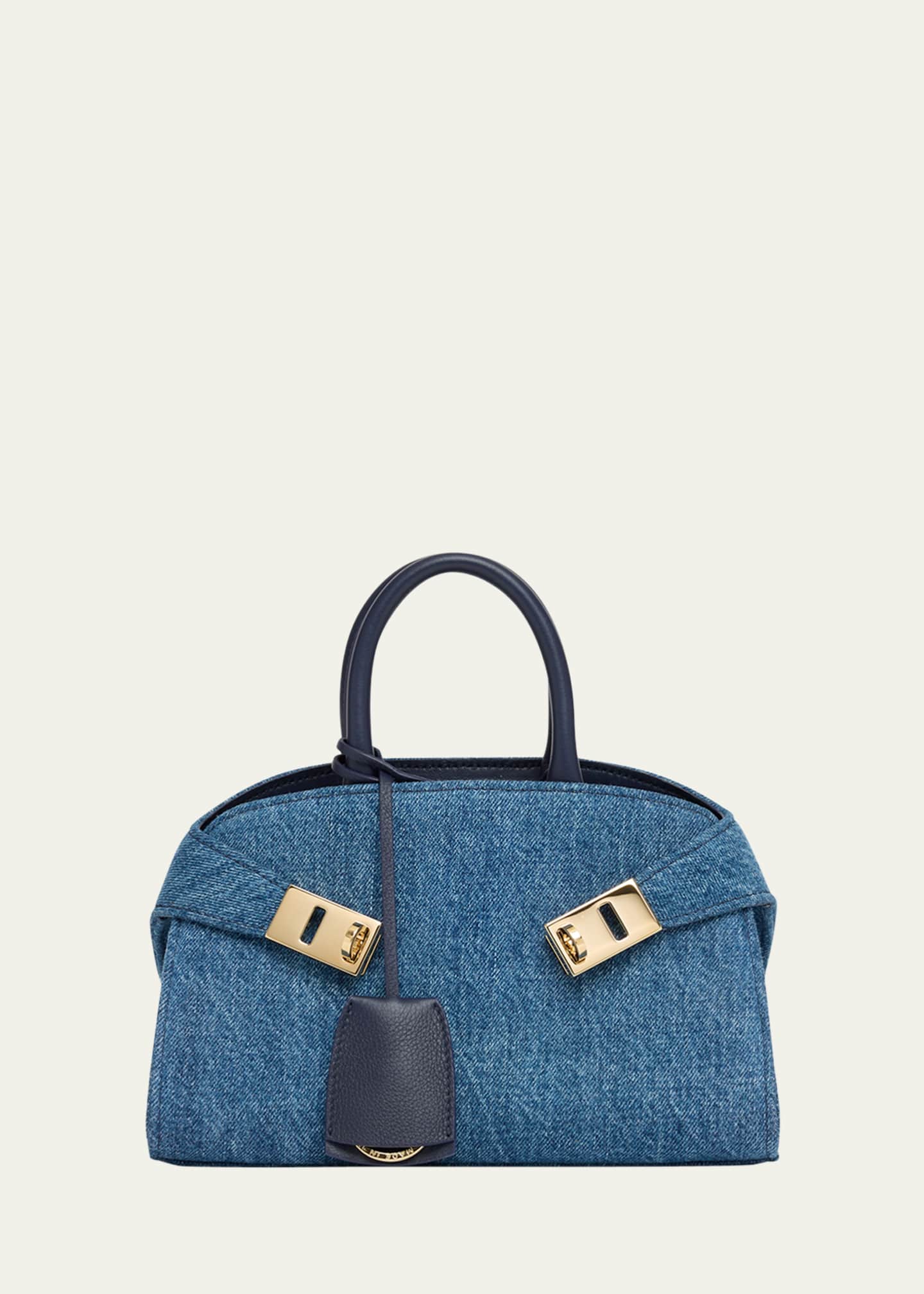 Ferragamo Hug Washed Denim Top-Handle Bag Image 1 of 4