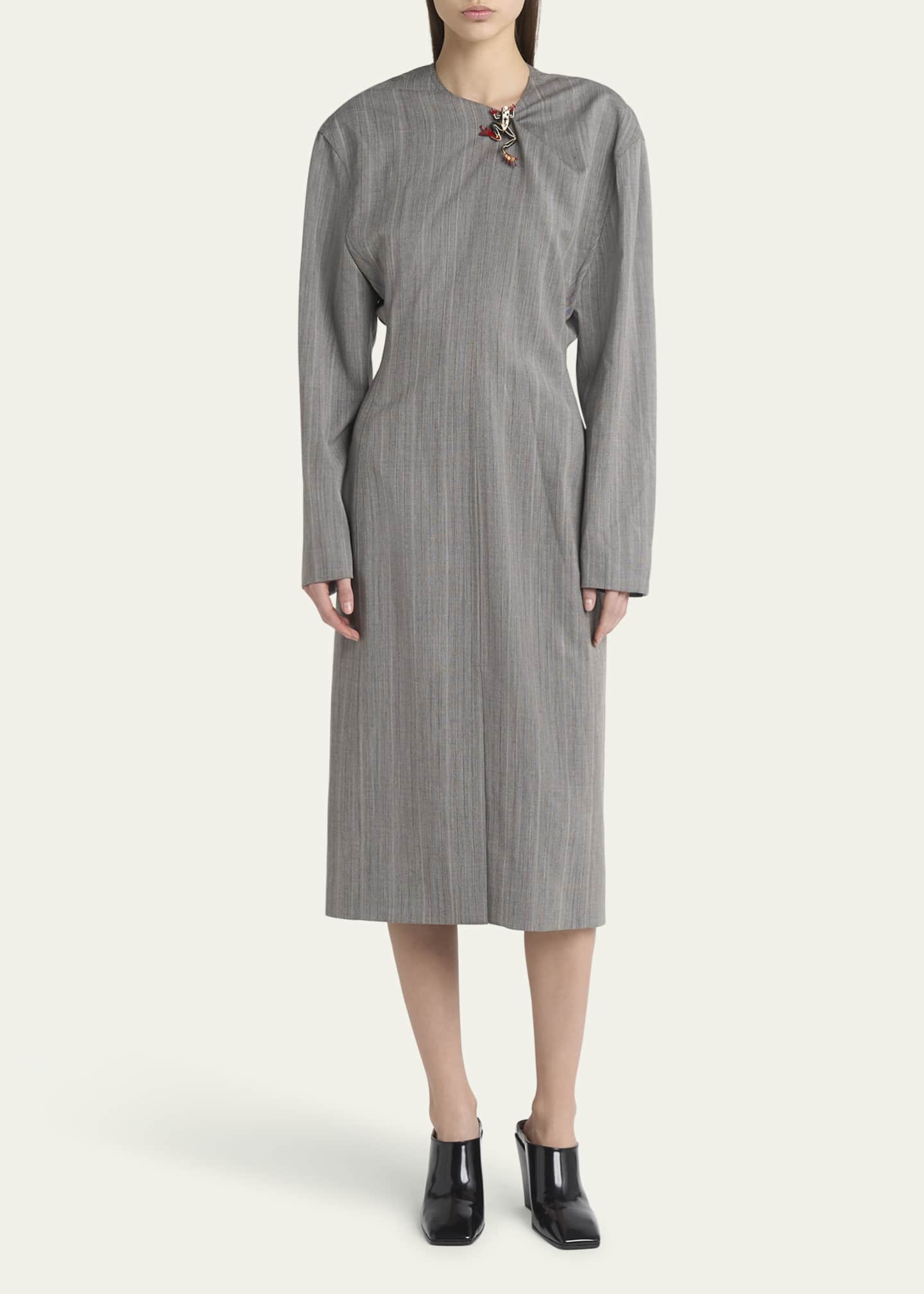 Bottega Veneta Subtle Stripe Melange Wool Dress with Frog Brooch Image 2 of 5