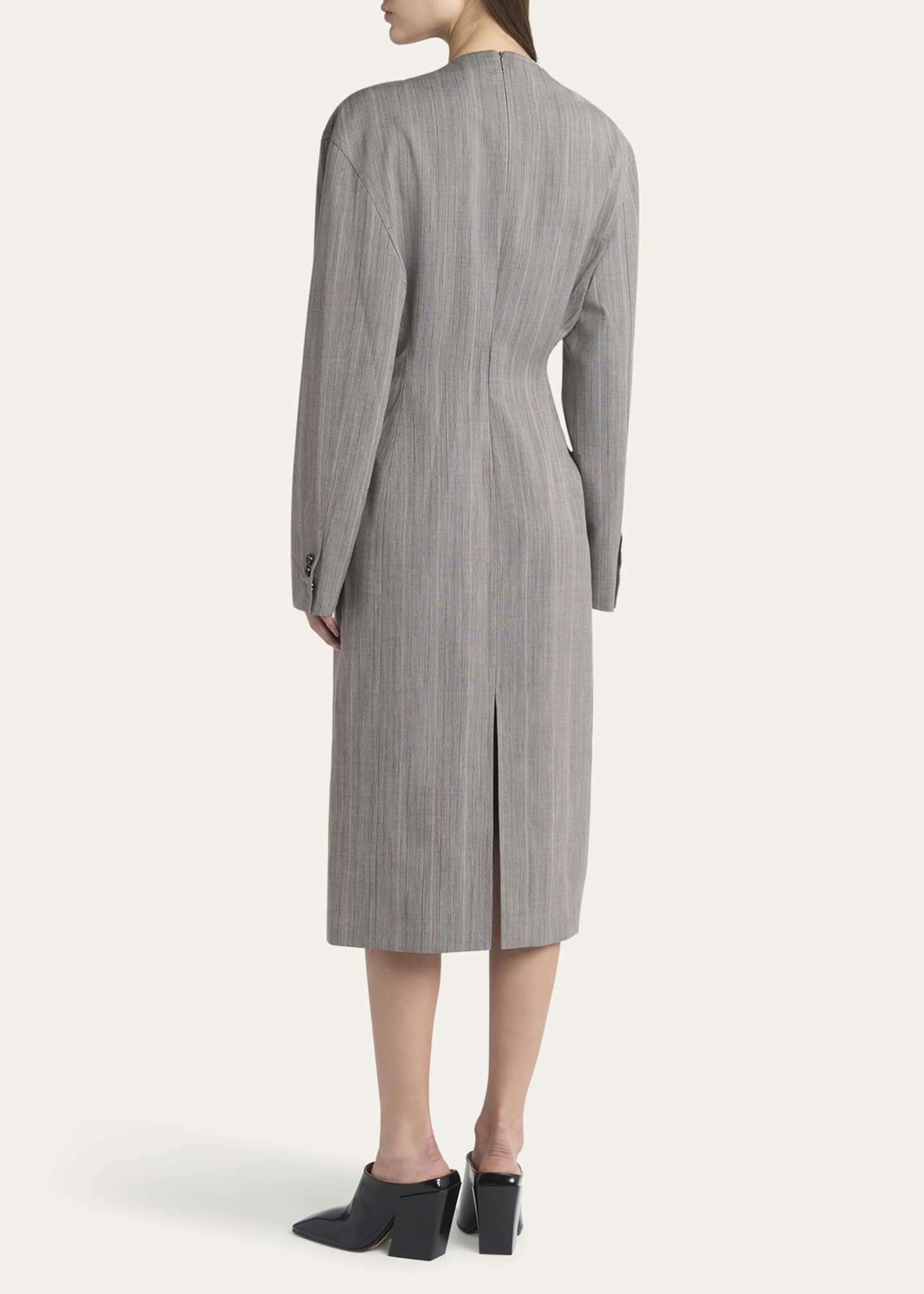 Bottega Veneta Subtle Stripe Melange Wool Dress with Frog Brooch Image 3 of 5
