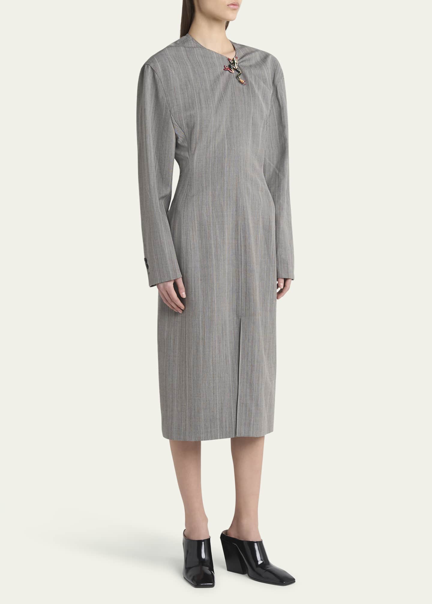 Bottega Veneta Subtle Stripe Melange Wool Dress with Frog Brooch Image 4 of 5