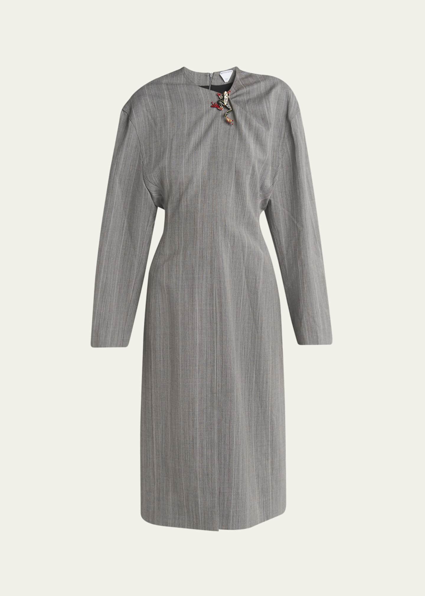 Bottega Veneta Subtle Stripe Melange Wool Dress with Frog Brooch Image 1 of 5