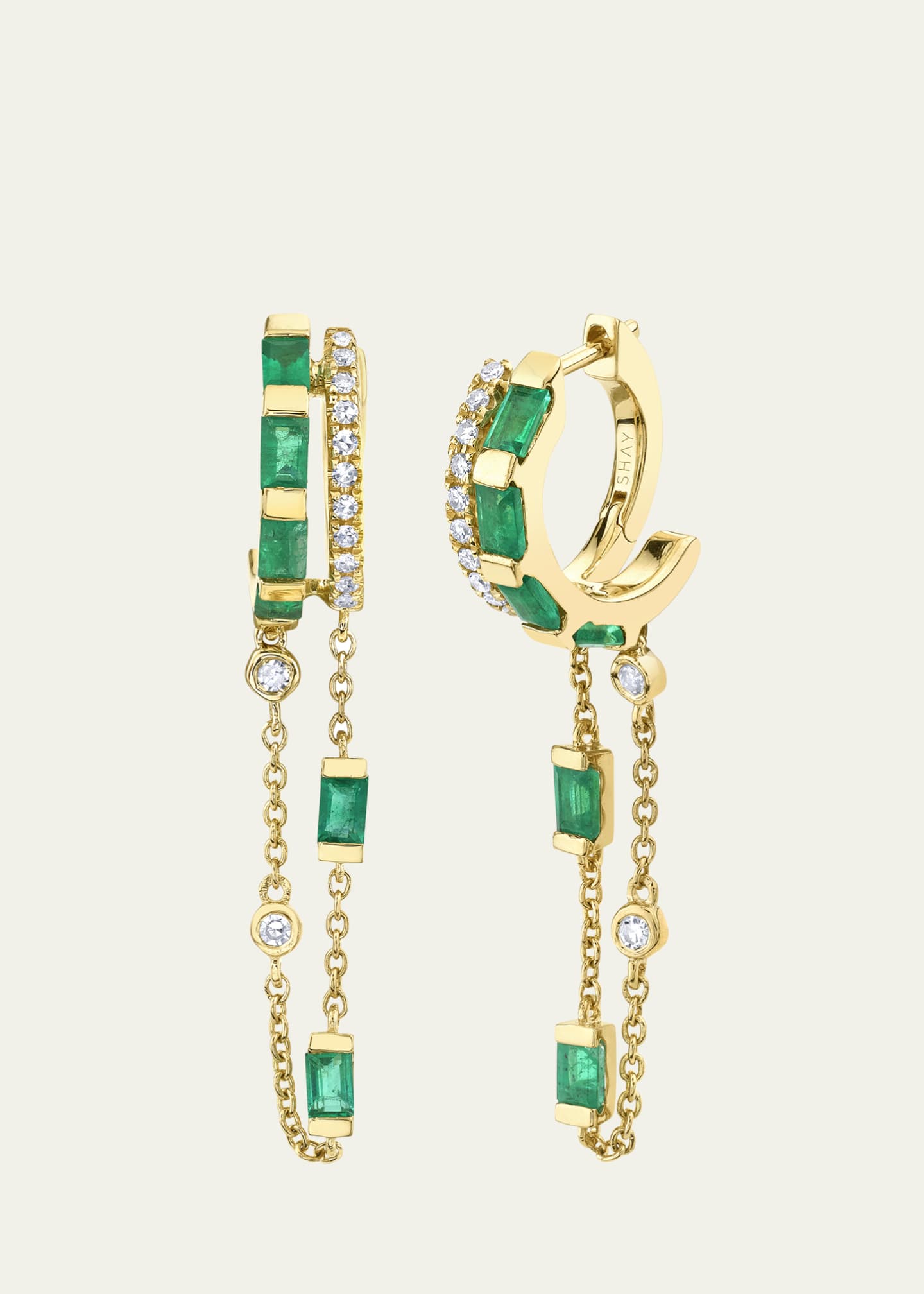 SHAY 18K Yellow Gold Double Mixed Diamond and Emerald Fringe Huggie Earrings