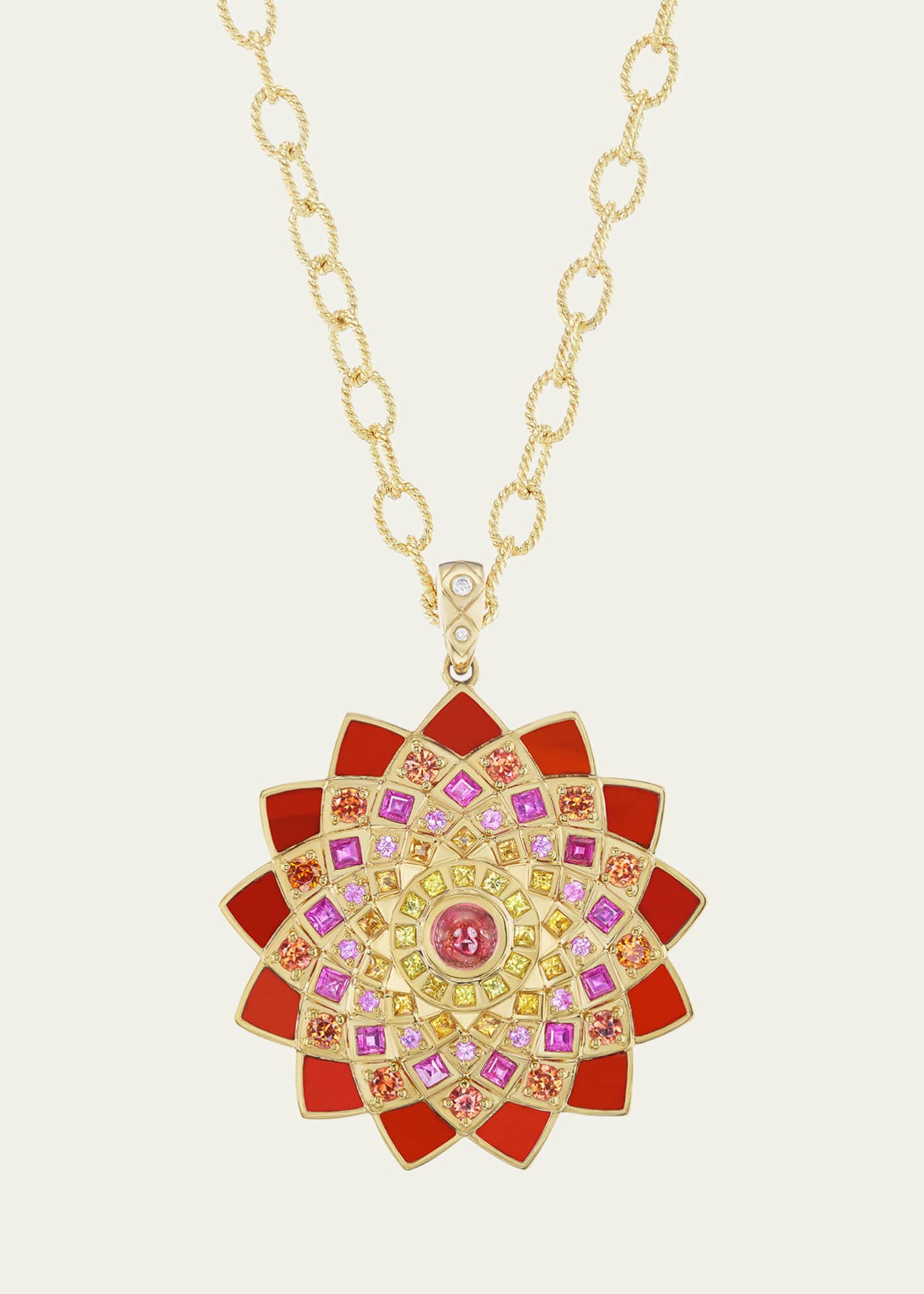 Orly Marcel 18K Yellow Gold Temple Inlay Mandala Pendant with Diamonds and Gemstones