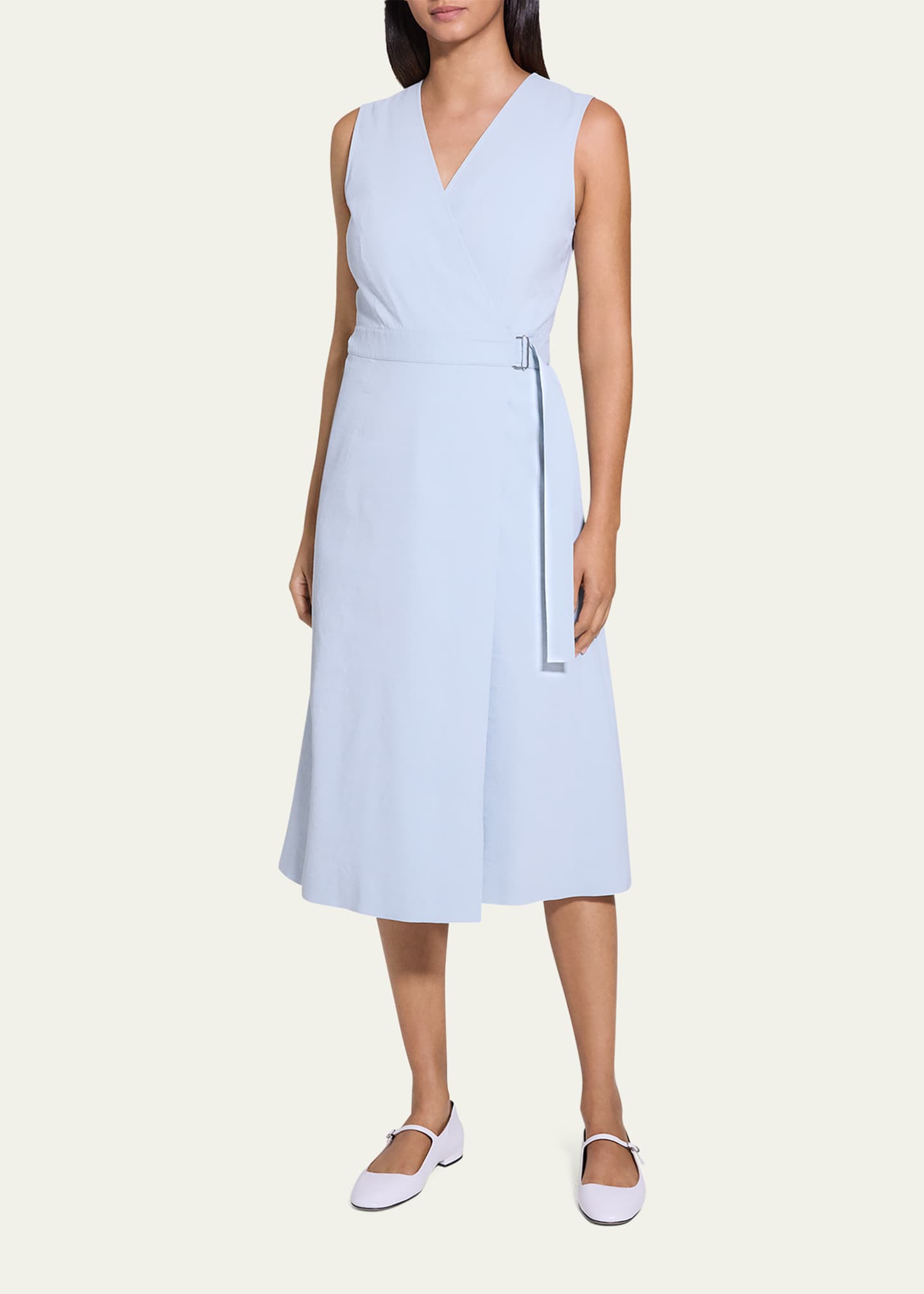 A-Line Crunch Linen Wrap Dress - Thumbnail 2