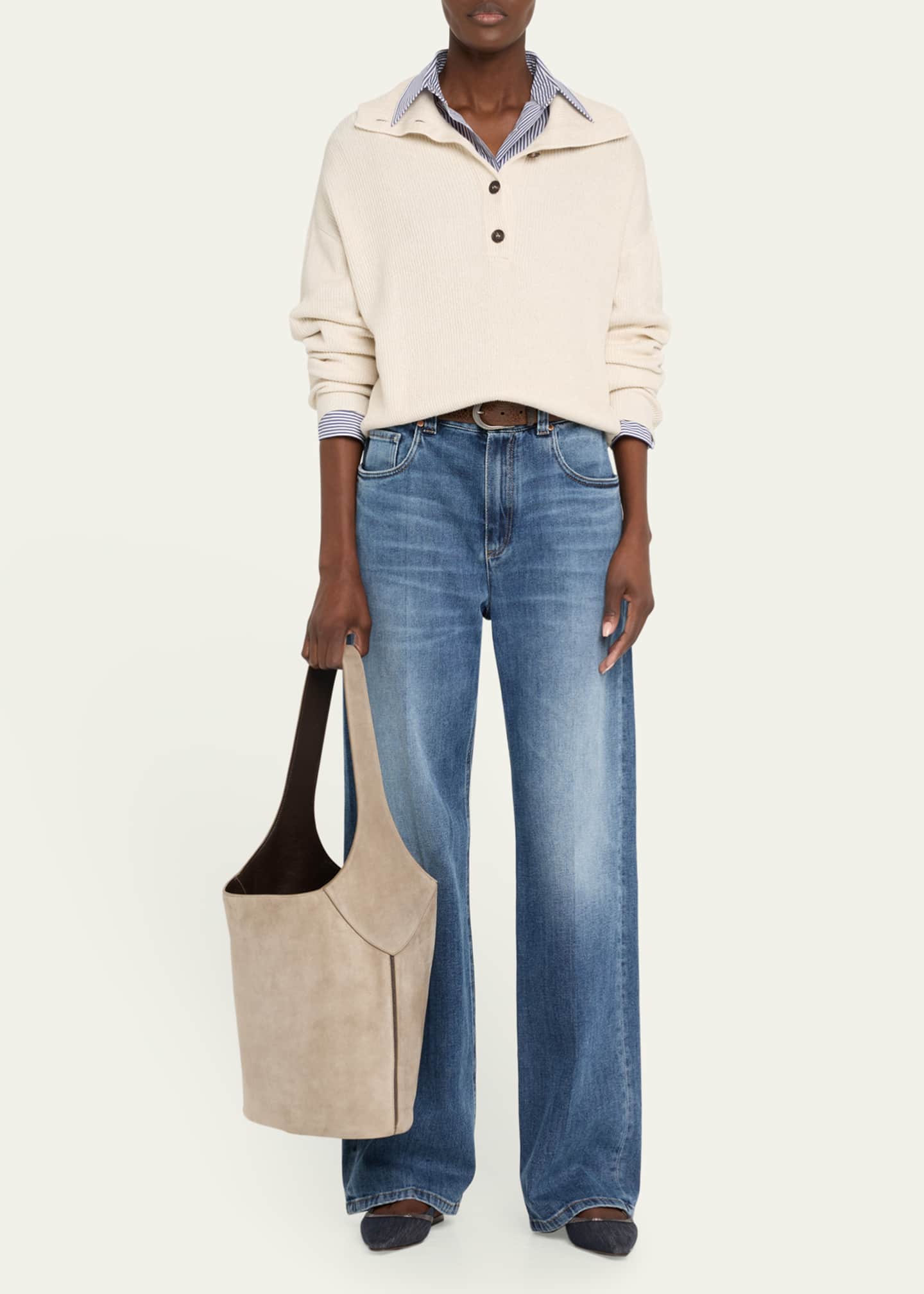 Brunello Cucinelli Bright Vanise Sparkling Cotton Polo Sweater Image 2 of 5