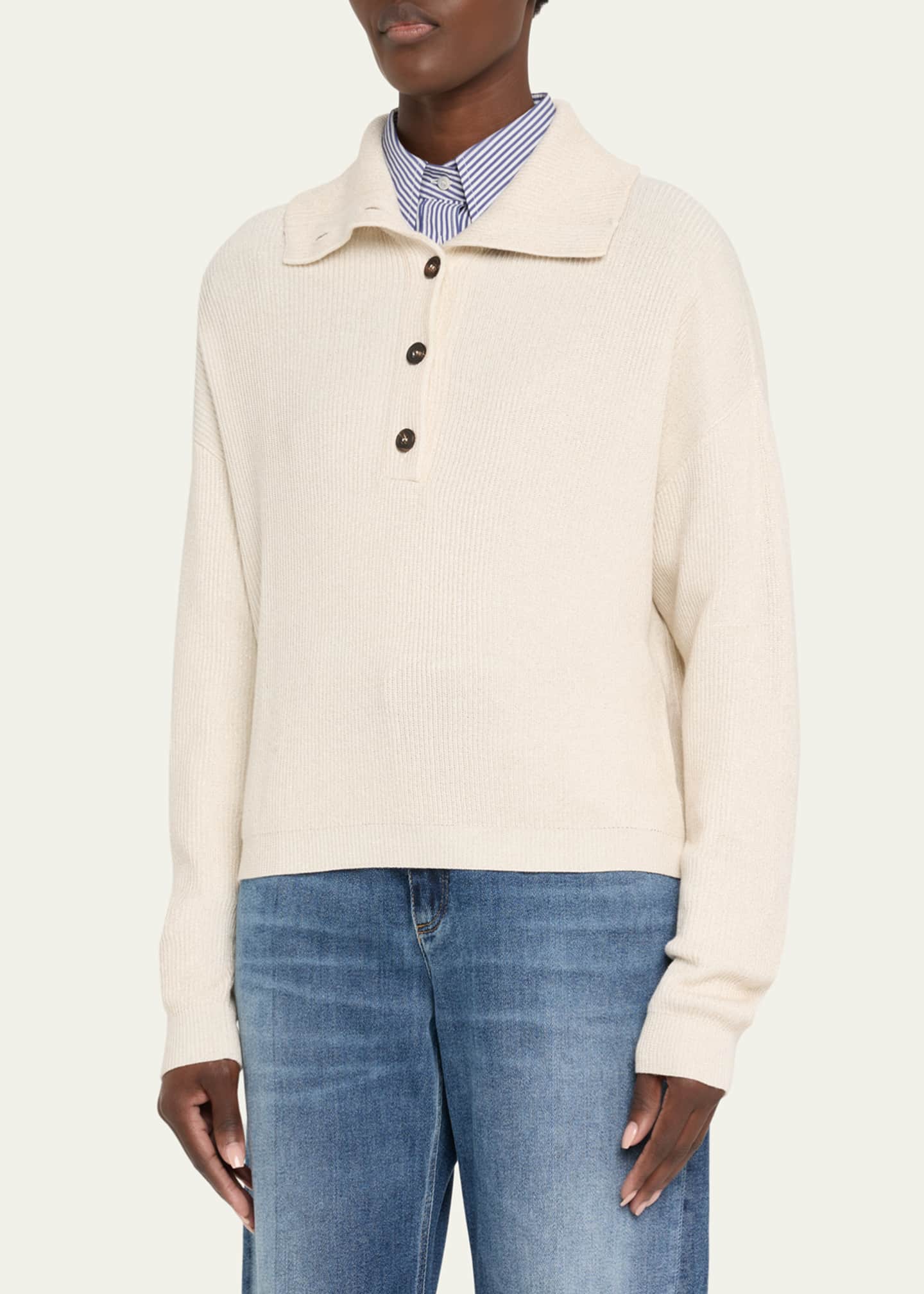 Brunello Cucinelli Bright Vanise Sparkling Cotton Polo Sweater Image 4 of 5