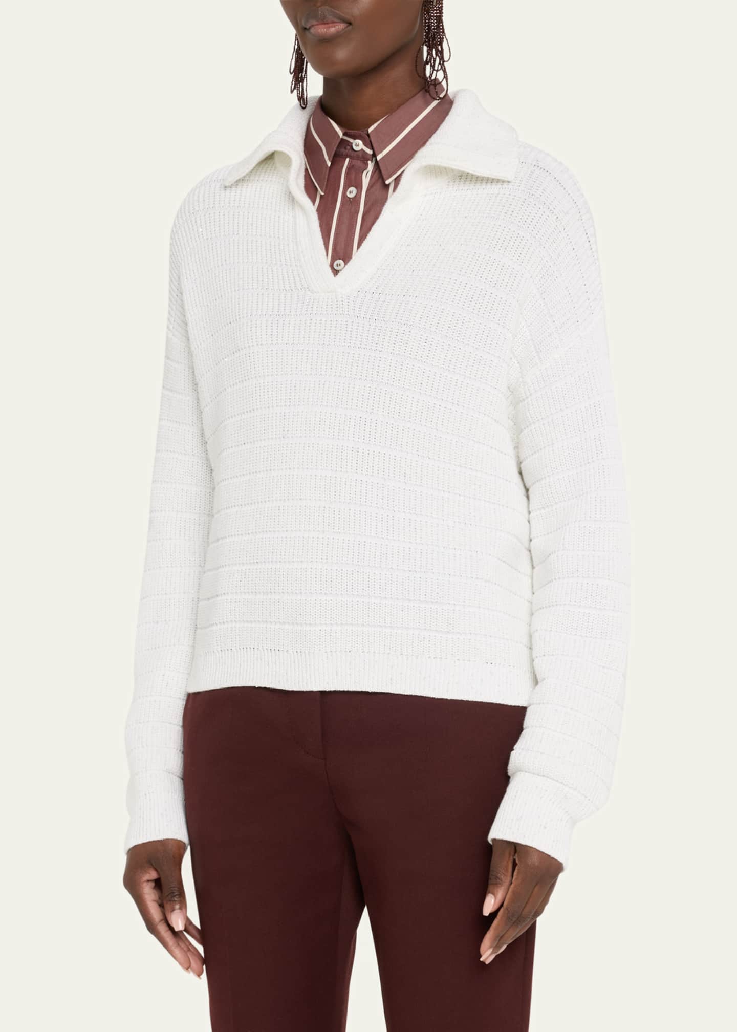 Brunello Cucinelli Johnny Collar Cotton English Ribbed Sweater Image 4 of 5
